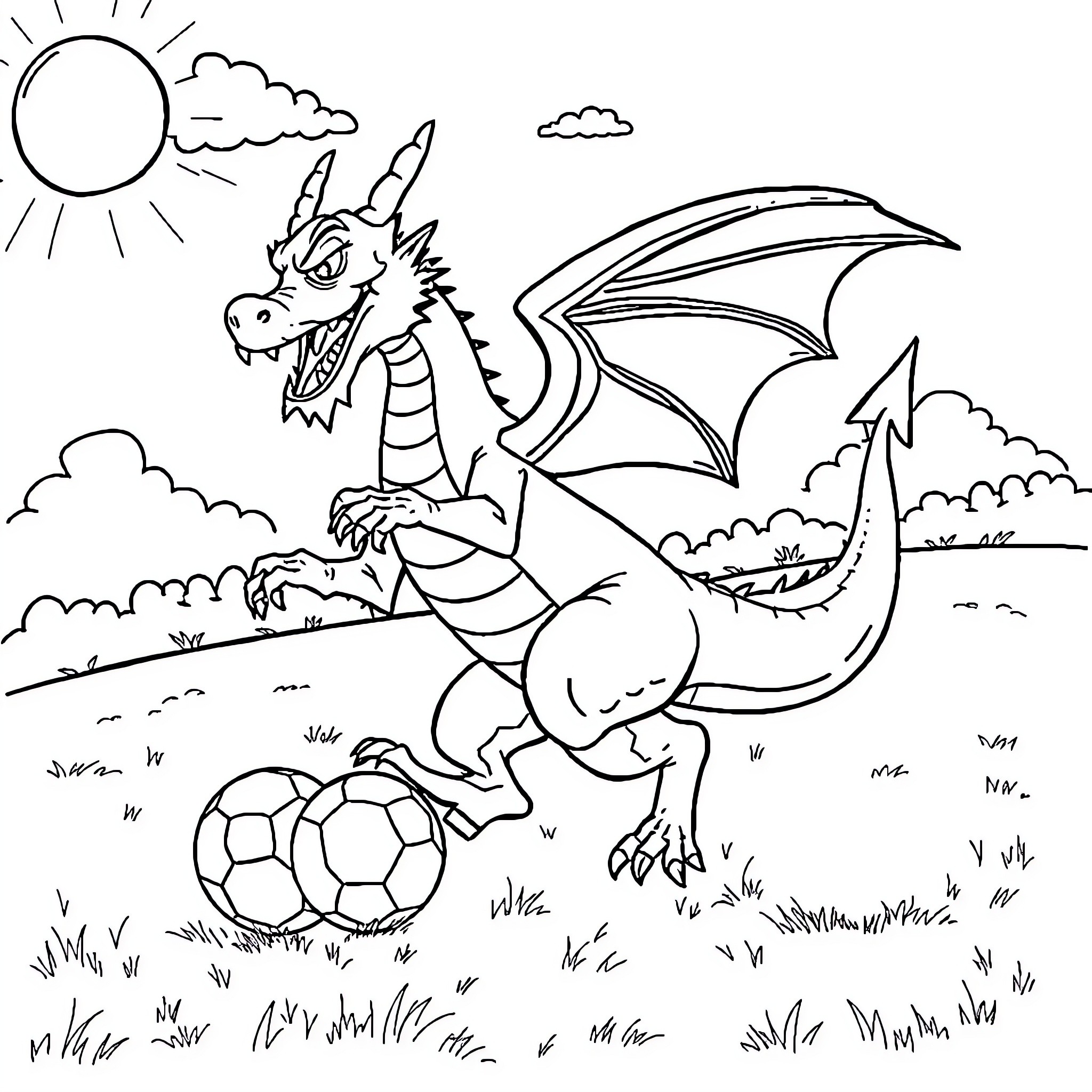 Dragon Playing with a Ball in the Meadow Coloring Page (free black-and-white line drawing printable PDF for all, from beginners to advanced learners, including children, teens, adults, and seniors)