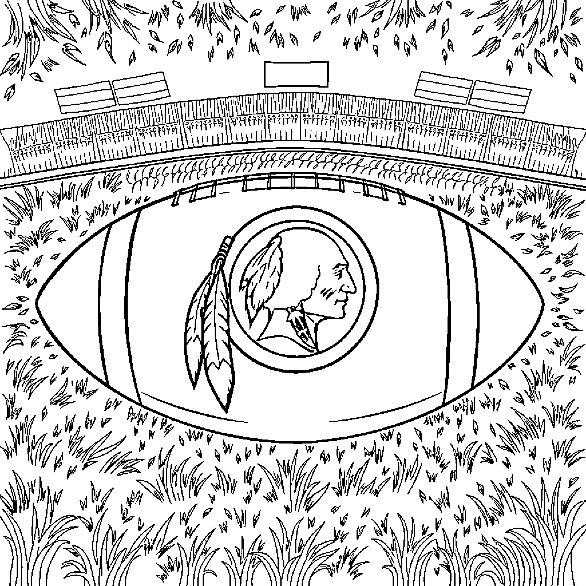 Redskins emblem in the stadium environment Coloring Page (free black-and-white line drawing printable PDF for all, from beginners to advanced learners, including children, teens, adults, and seniors)