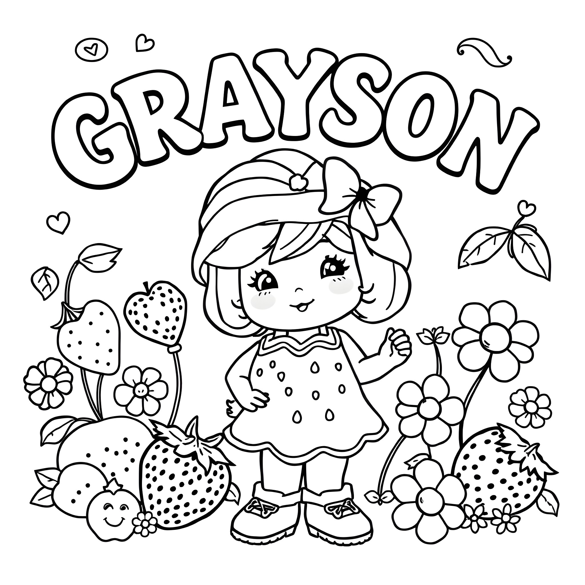 Strawberry Shortcake surrounded by flowers and berries Coloring Page (free black-and-white line drawing printable PDF for all, from beginners to advanced learners, including children, teens, adults, and seniors)