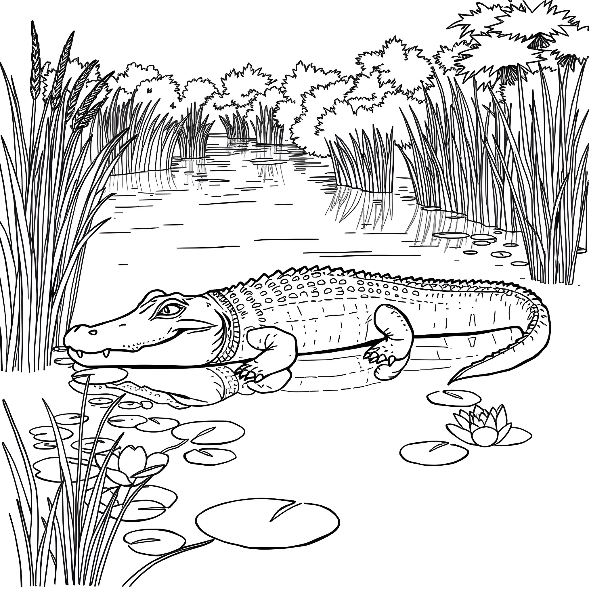 Alligator resting in a serene swampy habitat Coloring Page (free black-and-white line drawing printable PDF for all, from beginners to advanced learners, including children, teens, adults, and seniors)