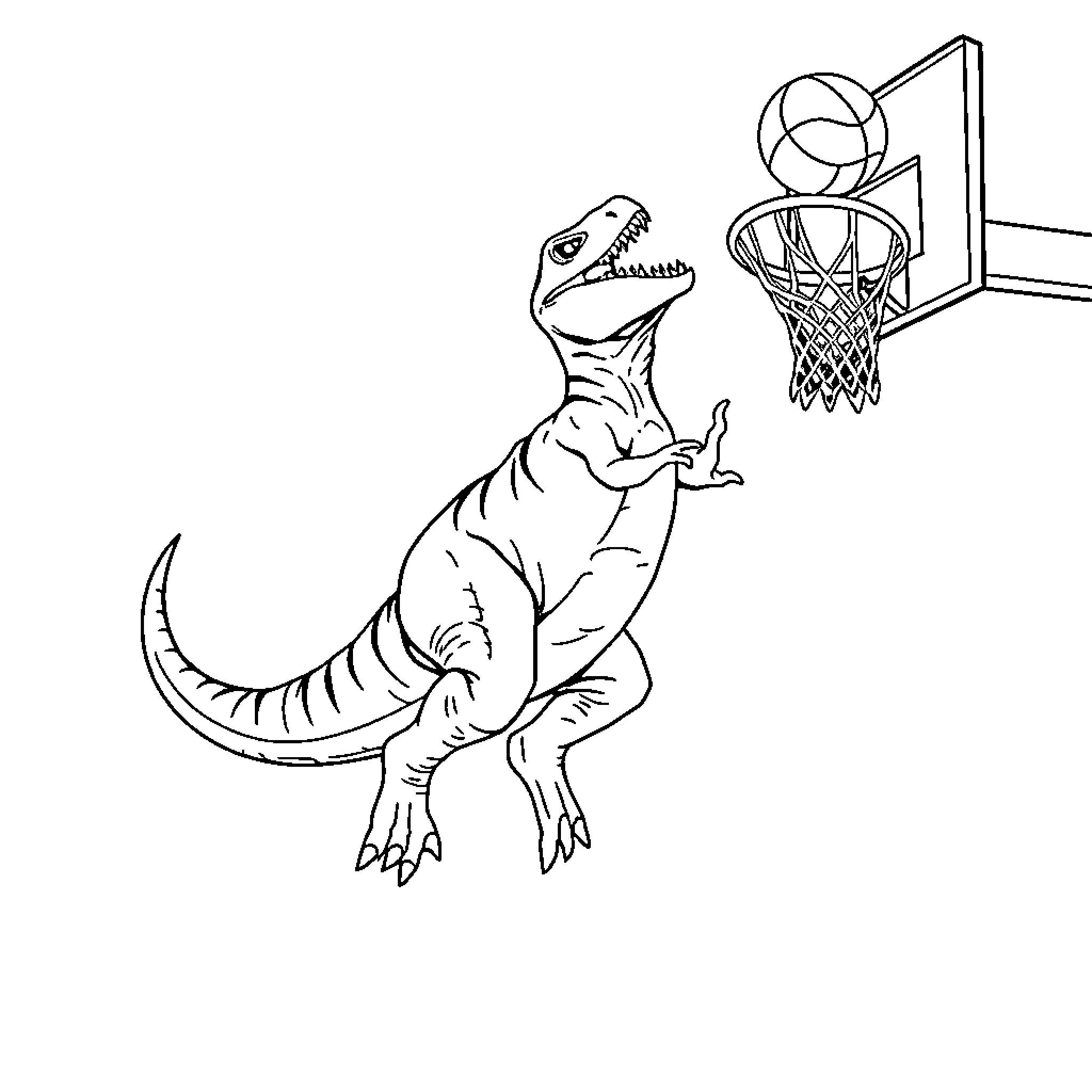 T-Rex Playing Basketball Coloring Page (free black-and-white line drawing printable PDF for all, from beginners to advanced learners, including children, teens, adults, and seniors)