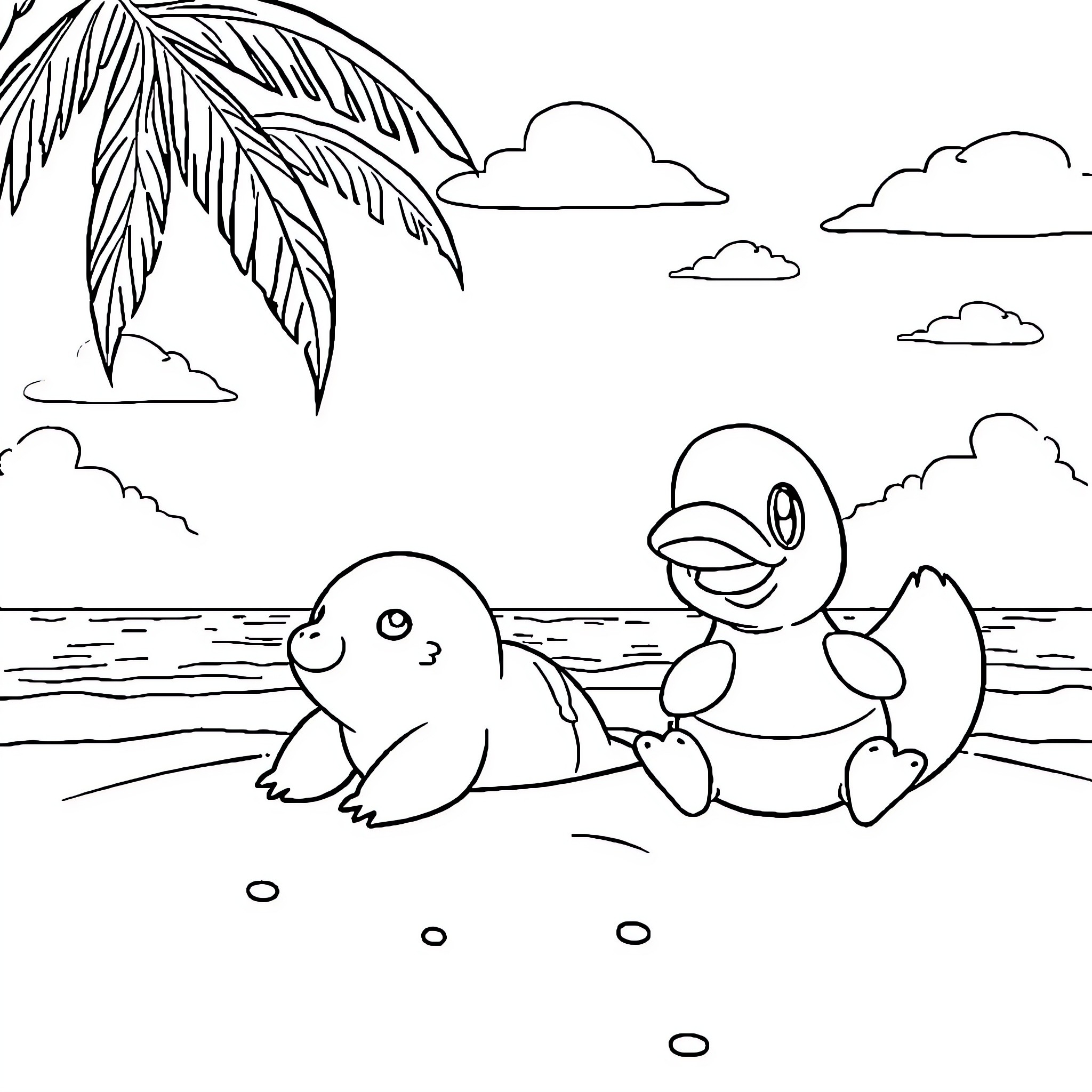 Slowpoke characters relaxing on the beach Coloring Page (free black-and-white line drawing printable PDF for all, from beginners to advanced learners, including children, teens, adults, and seniors)
