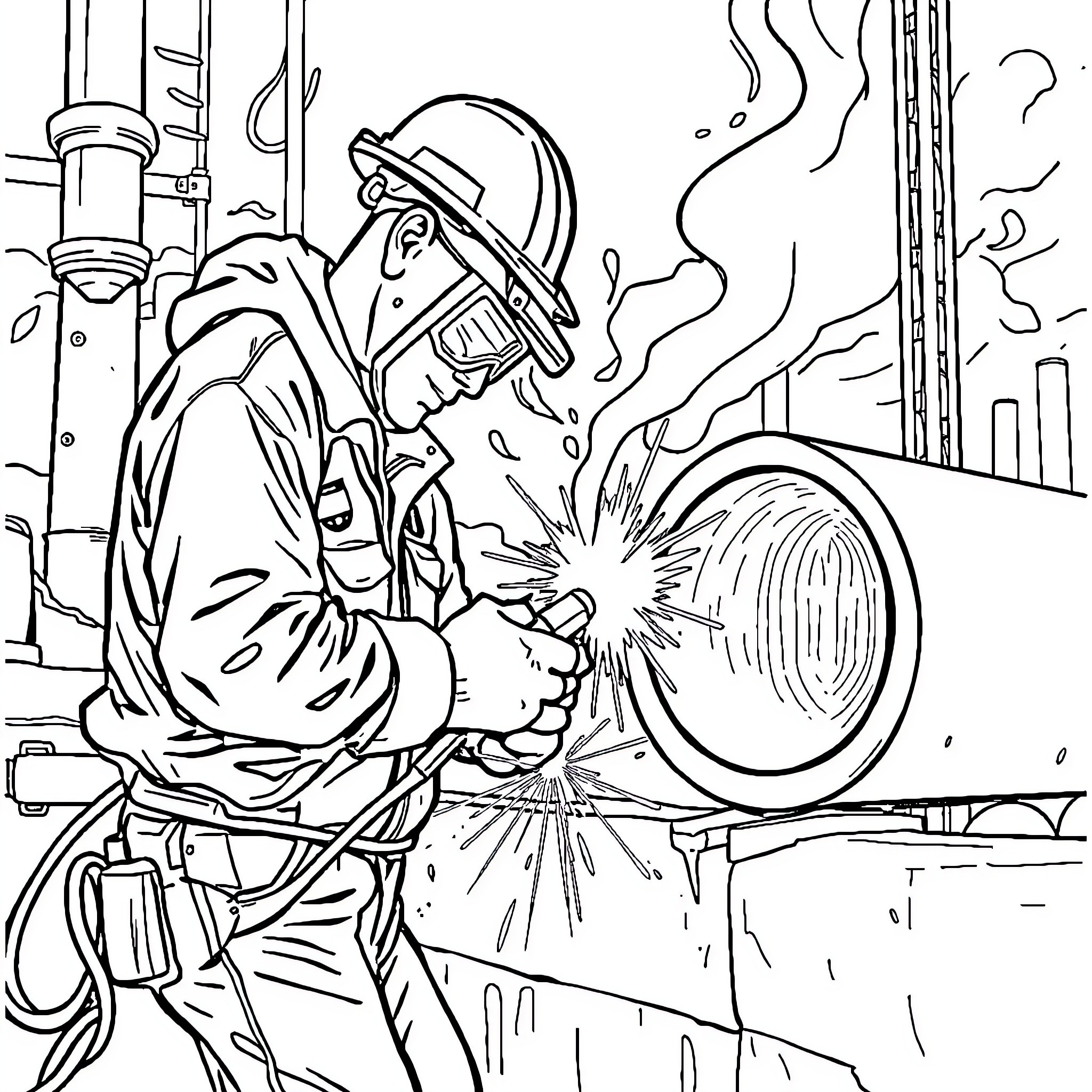 Welding Pipe with Focus and Concentration Coloring Page (free black-and-white line drawing printable PDF for all, from beginners to advanced learners, including children, teens, adults, and seniors)
