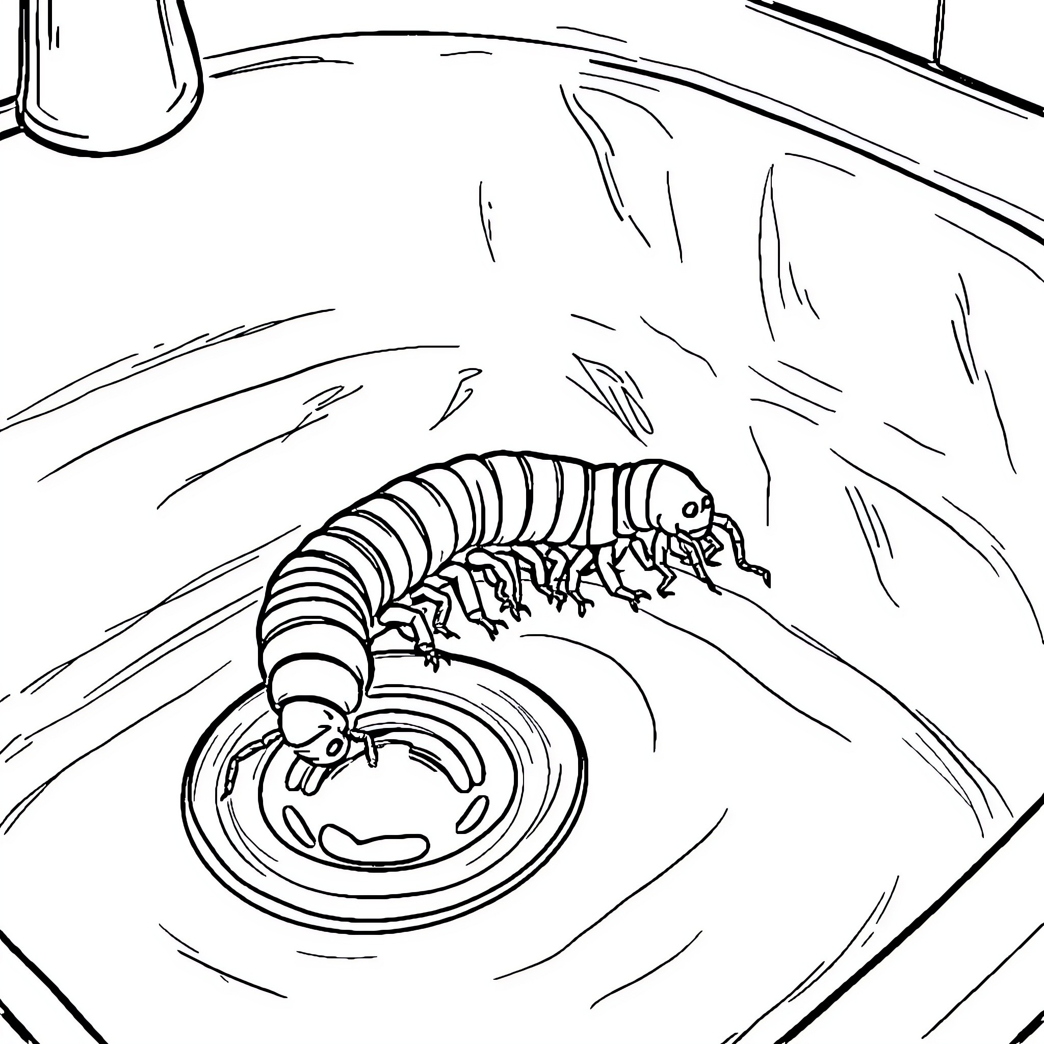 Centipede scurrying through a mysterious environment Coloring Page (free black-and-white line drawing printable PDF for all, from beginners to advanced learners, including children, teens, adults, and seniors)