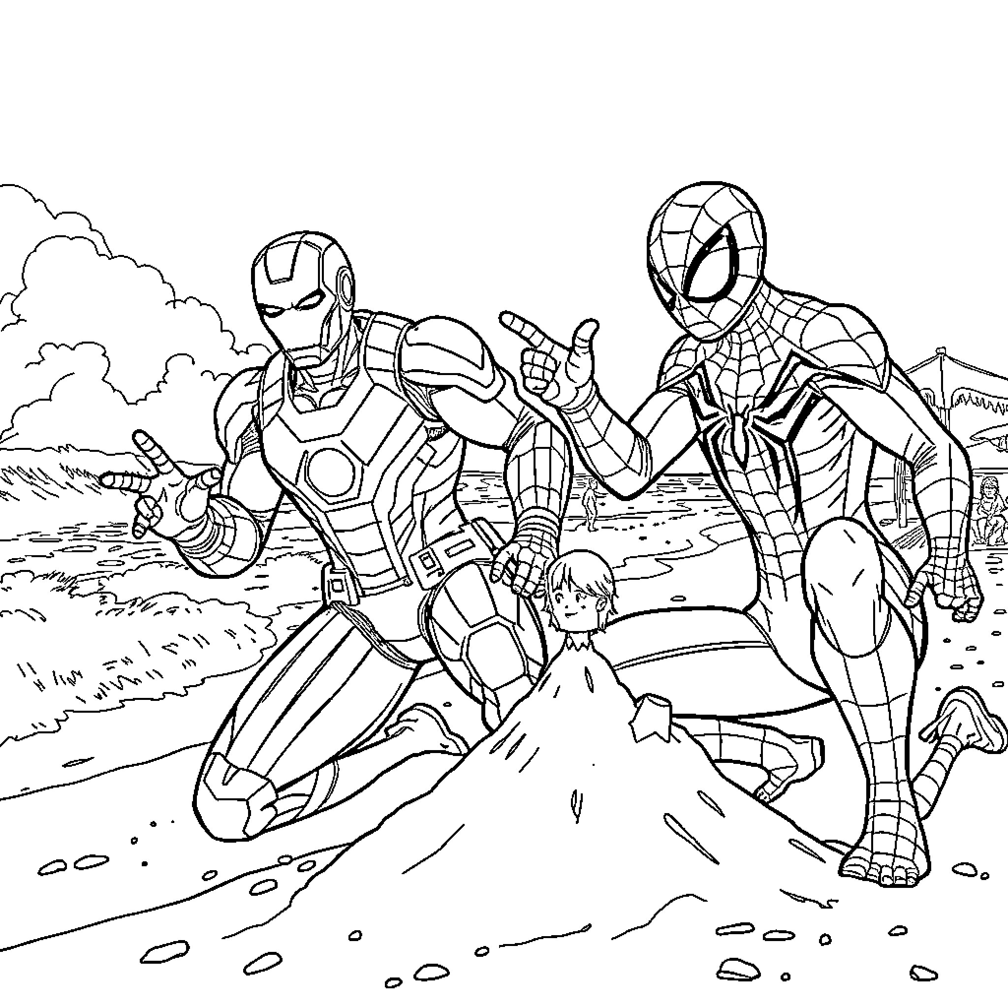 Ironman and Spiderman battle together against foes Coloring Page (free black-and-white line drawing printable PDF for all, from beginners to advanced learners, including children, teens, adults, and seniors)