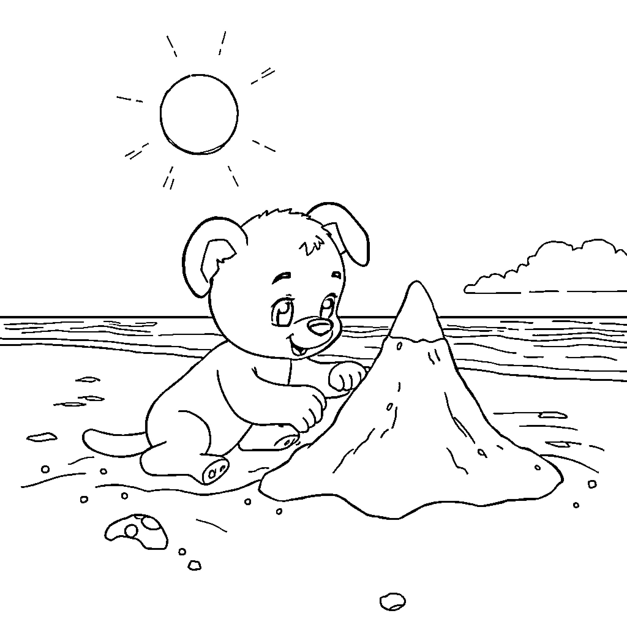 Bluey building a sandcastle on the beach Coloring Page (free black-and-white line drawing printable PDF for all, from beginners to advanced learners, including children, teens, adults, and seniors)