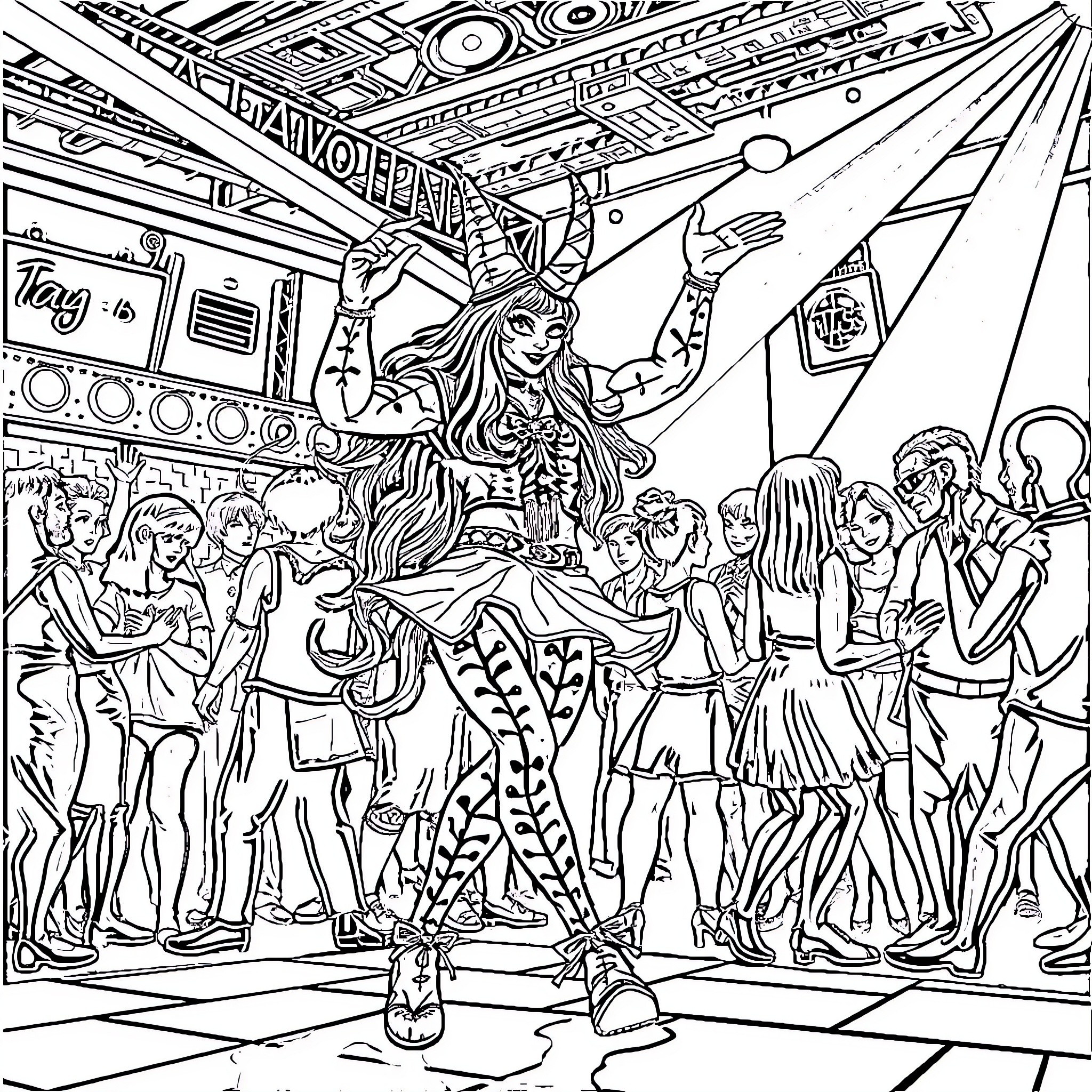 Ternurin: Lively Dance Performance in Vibrant Venue Coloring Page (free black-and-white line drawing printable PDF for all, from beginners to advanced learners, including children, teens, adults, and seniors)