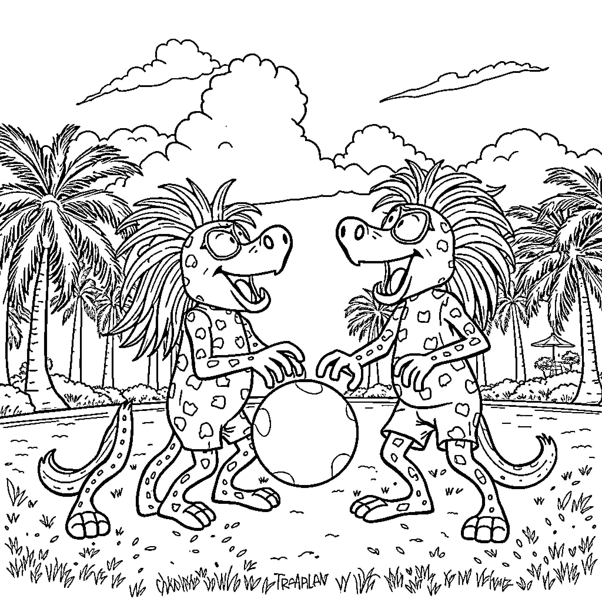 Brainrot Dinosaurs Goofing Around in Tropical Paradise Coloring Page (free black-and-white line drawing printable PDF for all, from beginners to advanced learners, including children, teens, adults, and seniors)