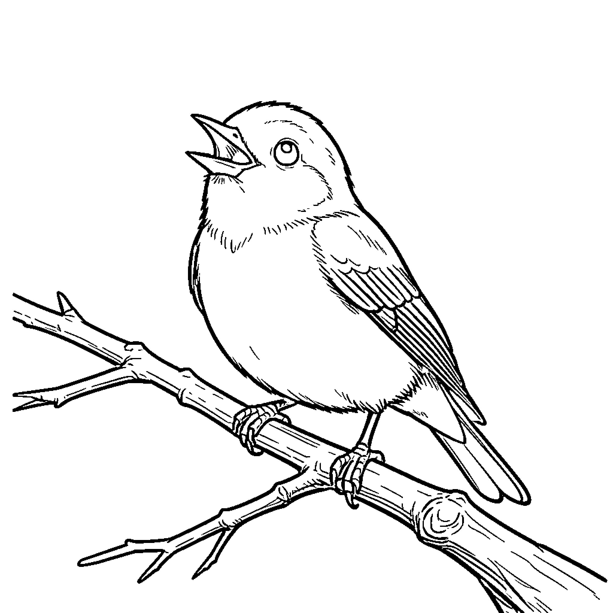 Bird perching on branch with open beak Coloring Page (free black-and-white line drawing printable PDF for all, from beginners to advanced learners, including children, teens, adults, and seniors)