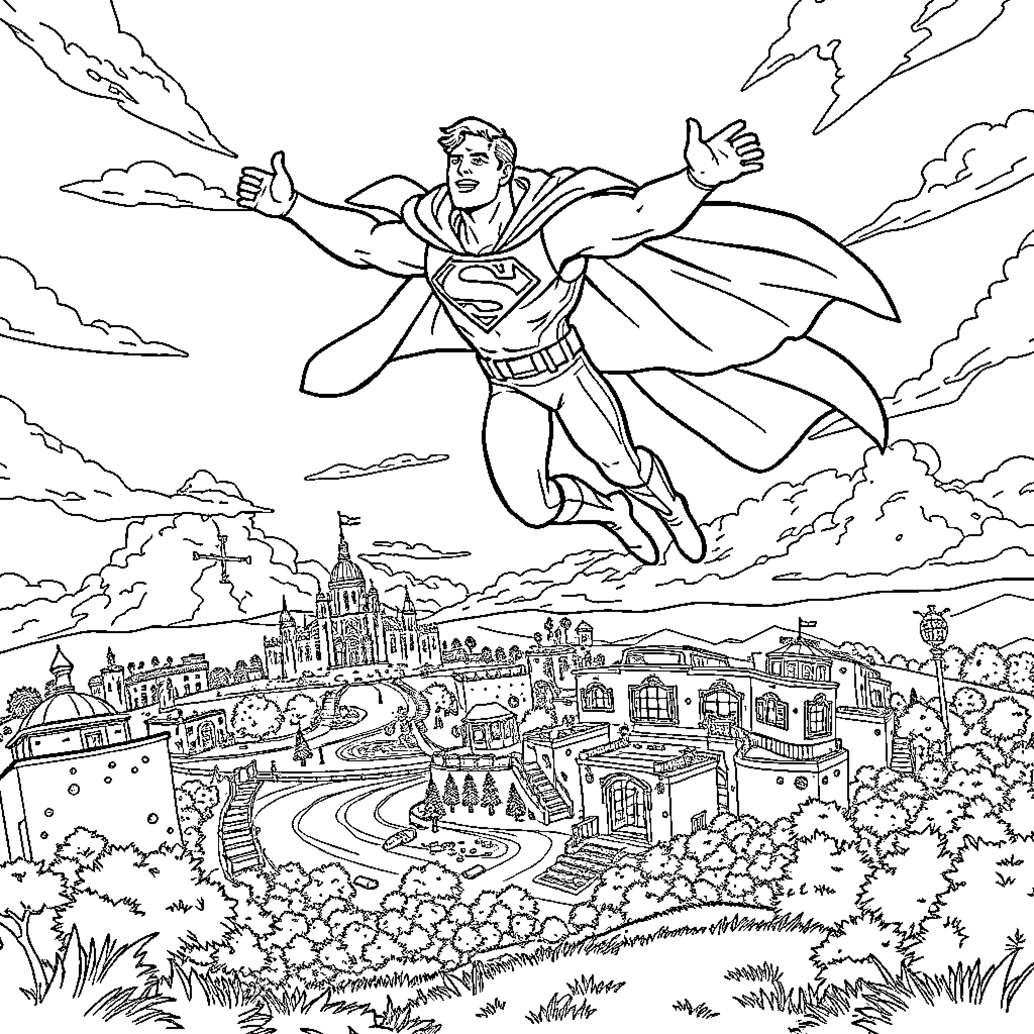 Superman soaring over a vibrant city Coloring Page (free black-and-white line drawing printable PDF for all, from beginners to advanced learners, including children, teens, adults, and seniors)