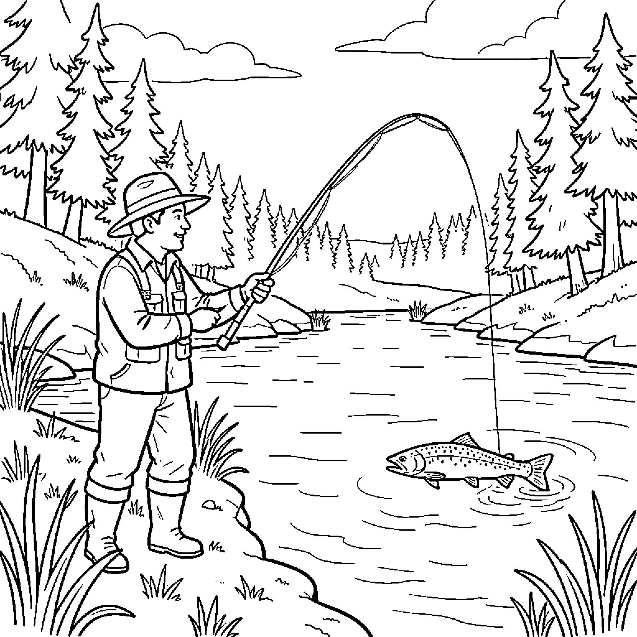 Fisherman catching a large fish in a river Coloring Page (free black-and-white line drawing printable PDF for all, from beginners to advanced learners, including children, teens, adults, and seniors)