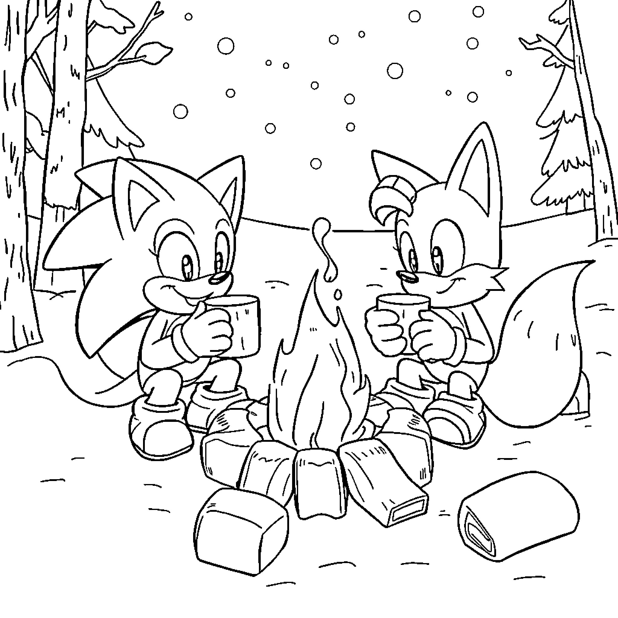 Sonic and Friend Enjoying Snowy Adventure Coloring Page (free black-and-white line drawing printable PDF for all, from beginners to advanced learners, including children, teens, adults, and seniors)