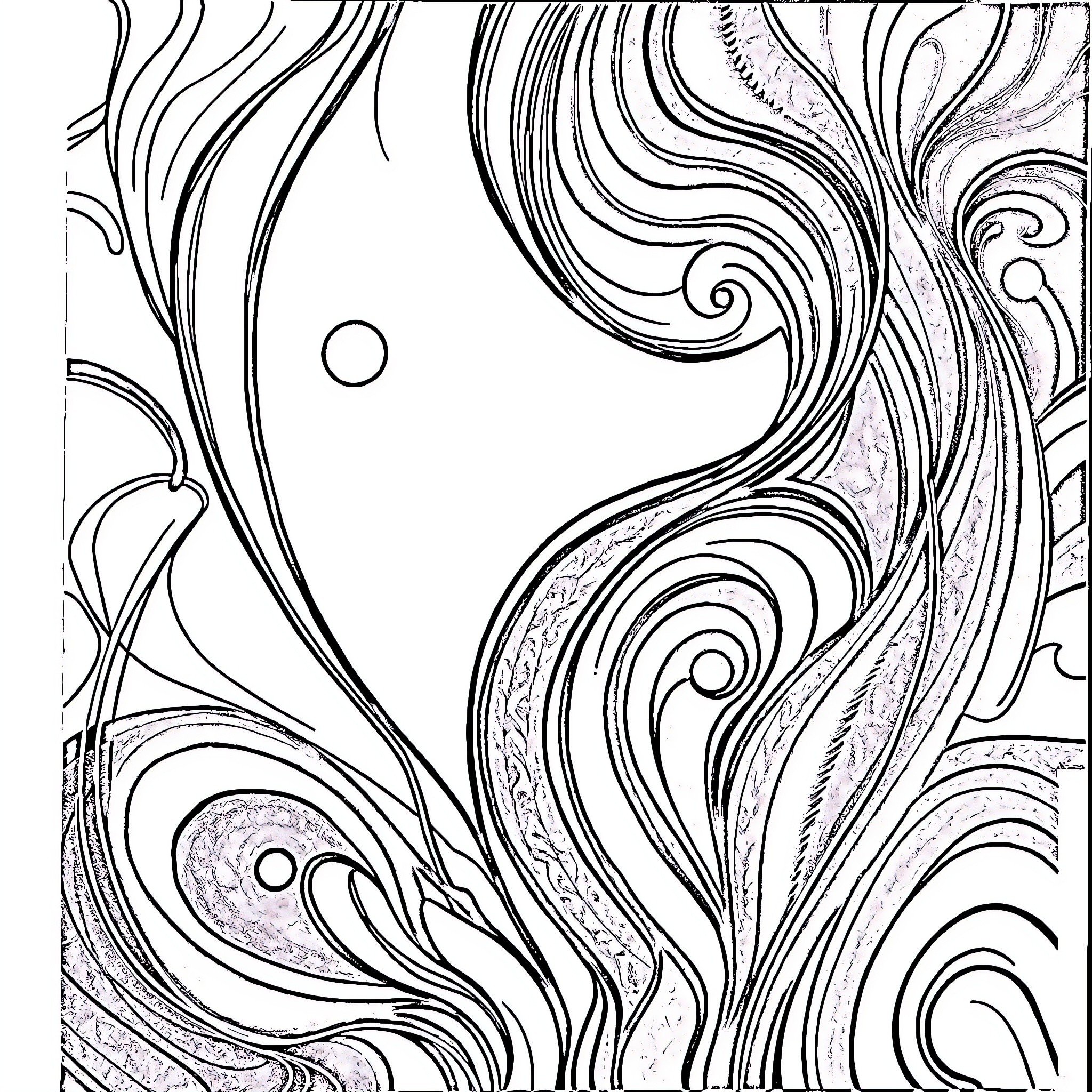 Abstract Art of Flowing Swirls and Shapes Coloring Page (free black-and-white line drawing printable PDF for all, from beginners to advanced learners, including children, teens, adults, and seniors)