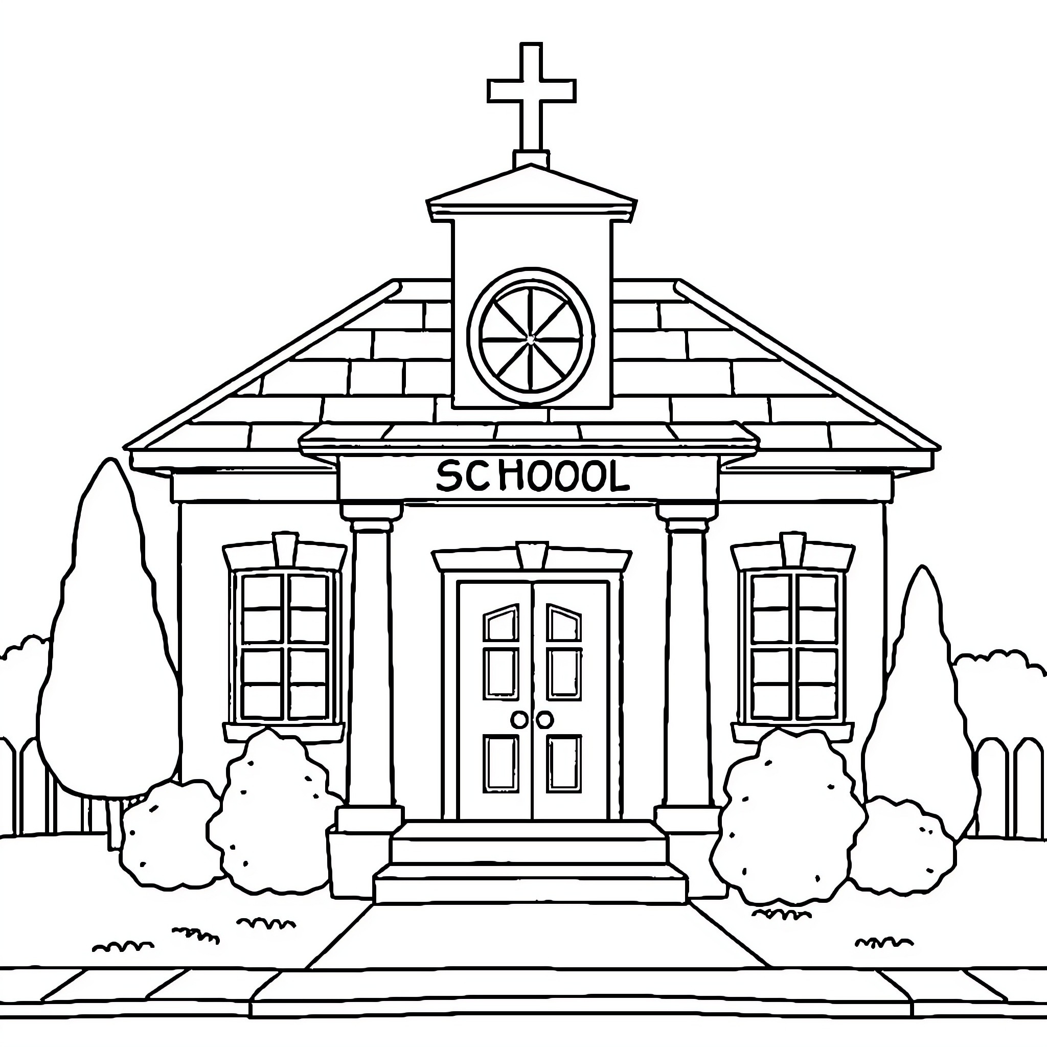 School House with Architectural Features Coloring Page (free black-and-white line drawing printable PDF for all, from beginners to advanced learners, including children, teens, adults, and seniors)