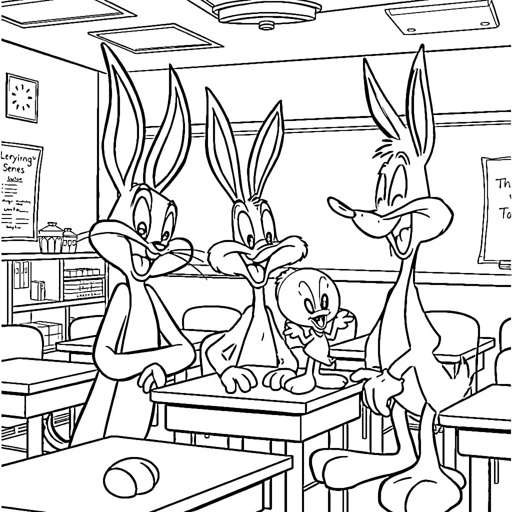 Looney Tunes characters in a classroom setting Coloring Page (free black-and-white line drawing printable PDF for all, from beginners to advanced learners, including children, teens, adults, and seniors)