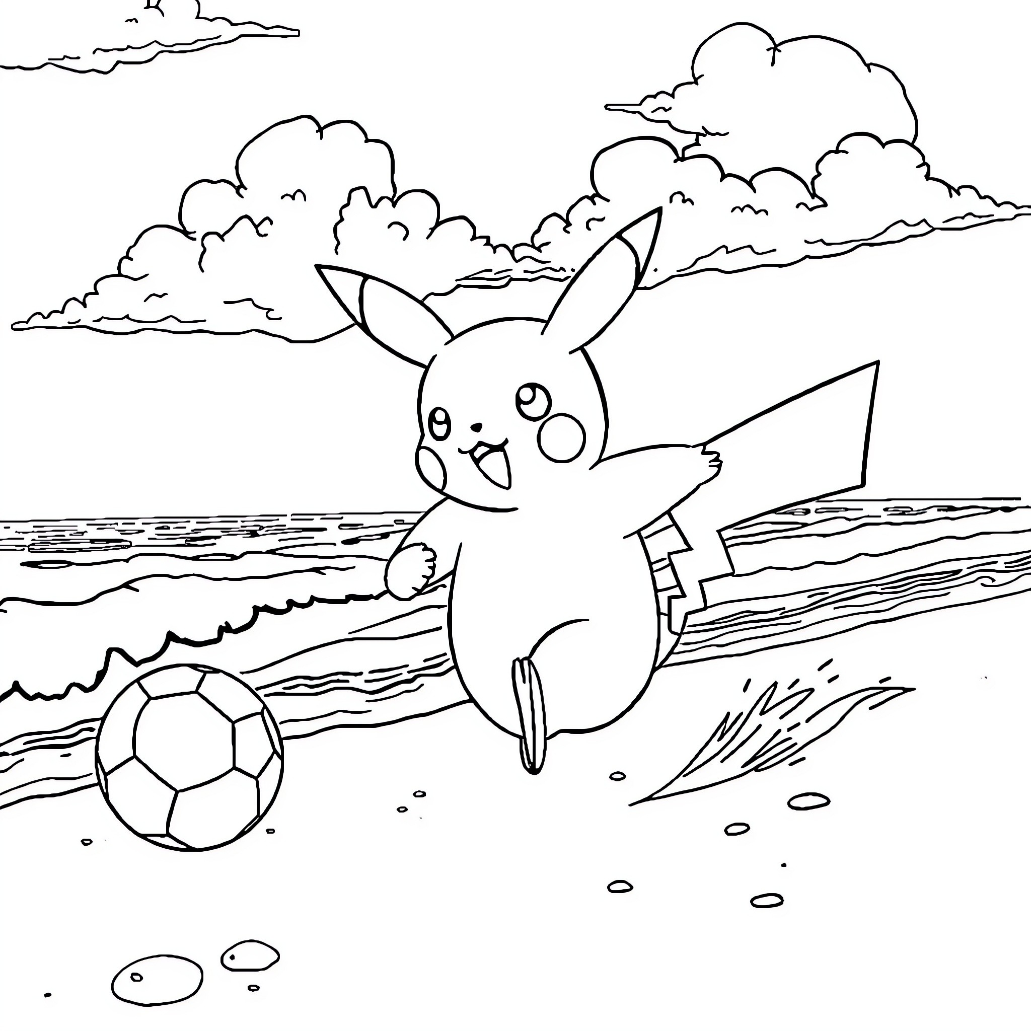 Pikachu playing cheerfully on the beach Coloring Page (free black-and-white line drawing printable PDF for all, from beginners to advanced learners, including children, teens, adults, and seniors)