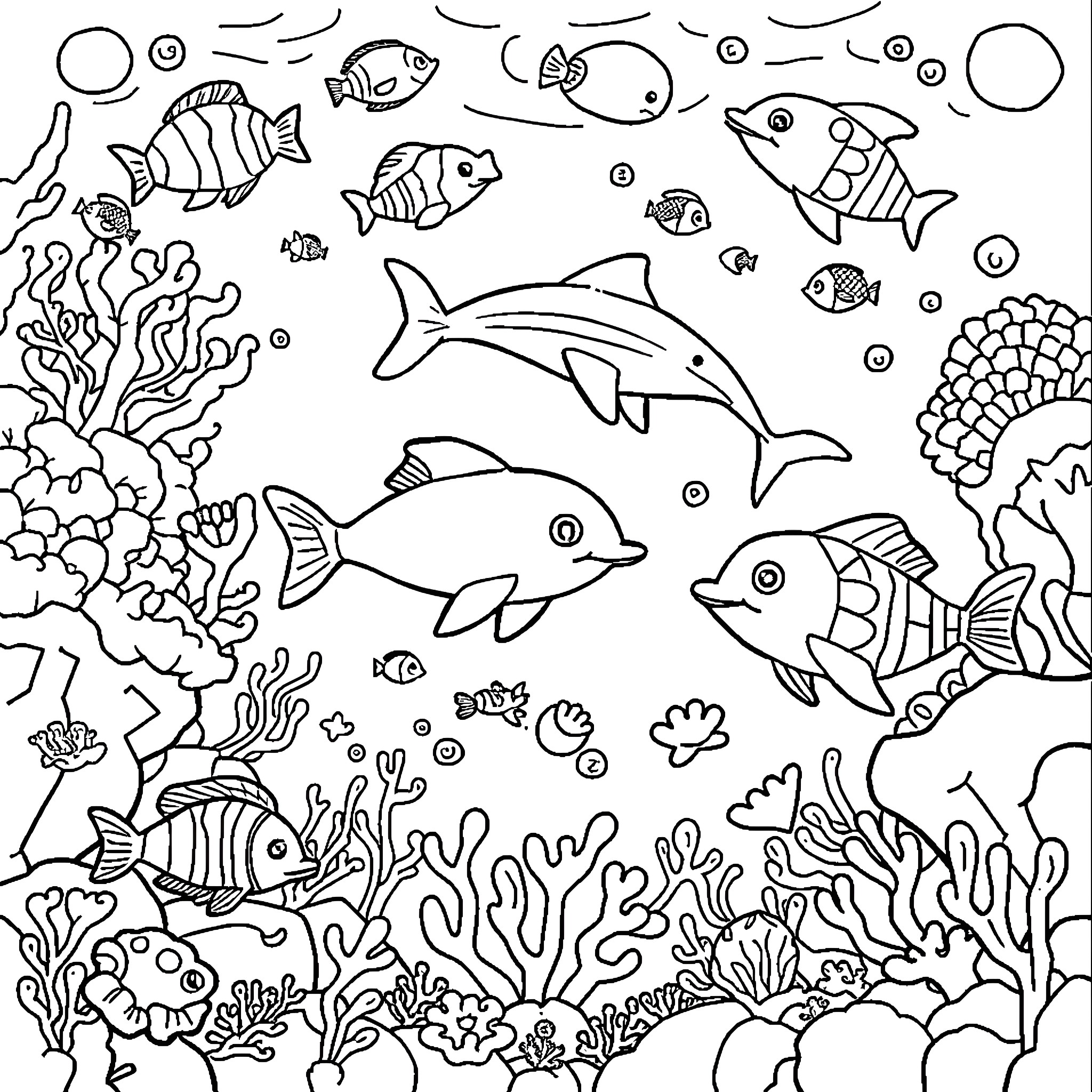 Sea Life Underwater Playground Coloring Page (free black-and-white line drawing printable PDF for all, from beginners to advanced learners, including children, teens, adults, and seniors)