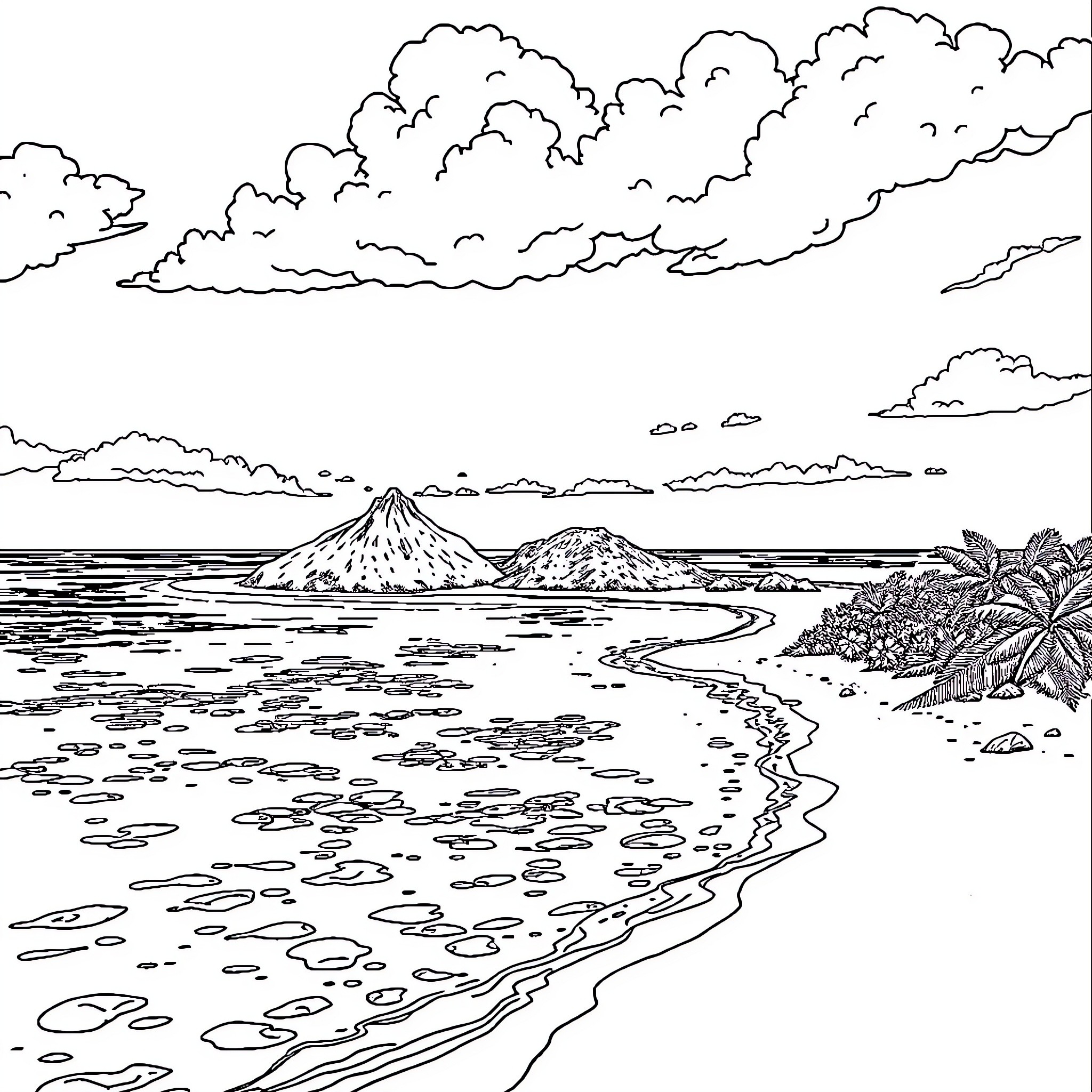 Marshall Islands coastal landscape with volcanic peaks Coloring Page (free black-and-white line drawing printable PDF for all, from beginners to advanced learners, including children, teens, adults, and seniors)