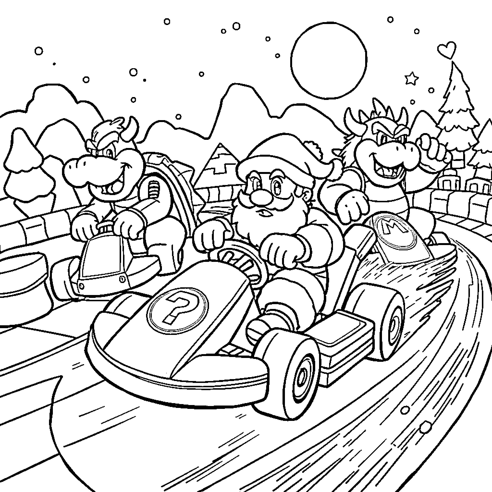 Santa's Kart Racing Adventure Coloring Page (free black-and-white line drawing printable PDF for all, from beginners to advanced learners, including children, teens, adults, and seniors)