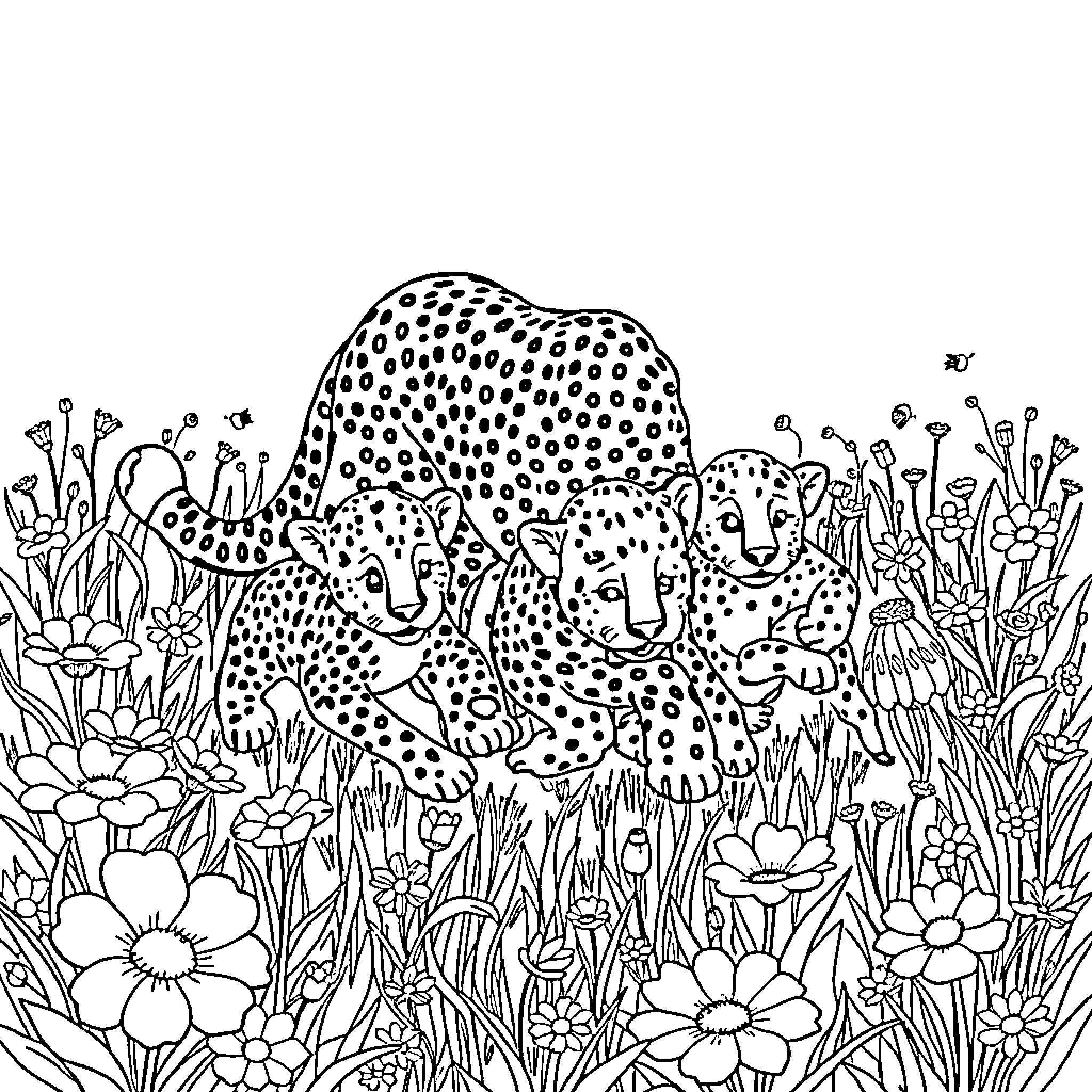 Cheetah resting in vibrant floral scene Coloring Page (free black-and-white line drawing printable PDF for all, from beginners to advanced learners, including children, teens, adults, and seniors)
