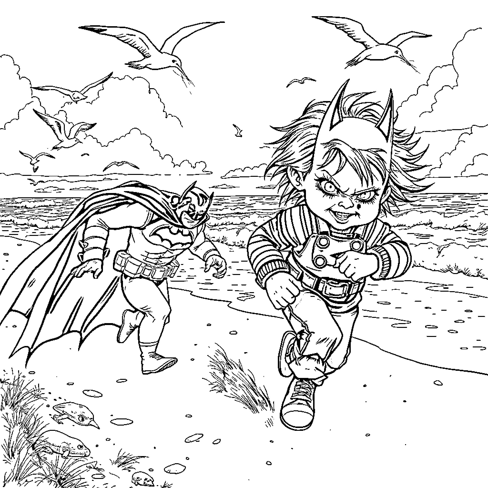 Chucky's Beachside Adventure Coloring Page (free black-and-white line drawing printable PDF for all, from beginners to advanced learners, including children, teens, adults, and seniors)