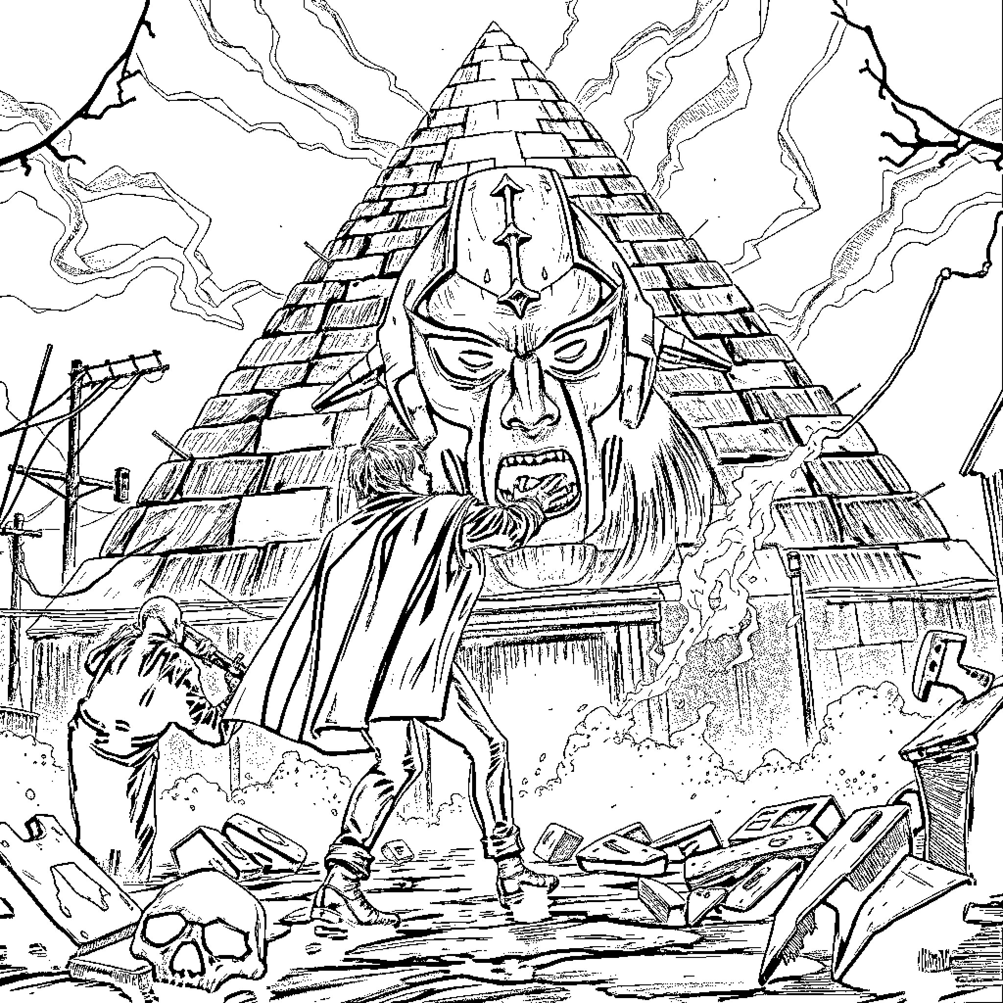 James Sunderland faces a menacing pyramid structure Coloring Page (free black-and-white line drawing printable PDF for all, from beginners to advanced learners, including children, teens, adults, and seniors)