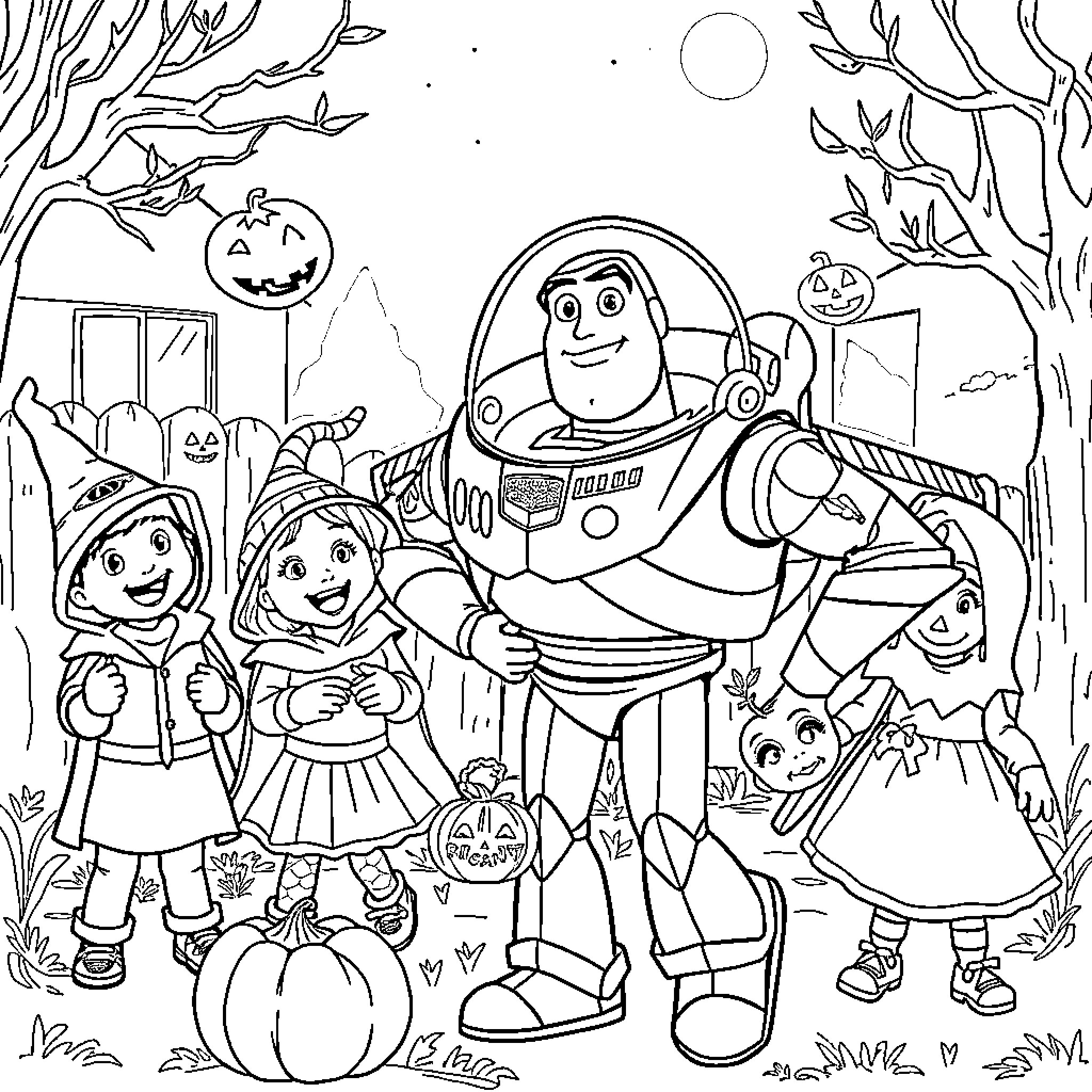 Buzz Lightyear leads kids in Halloween costumes Coloring Page (free black-and-white line drawing printable PDF for all, from beginners to advanced learners, including children, teens, adults, and seniors)
