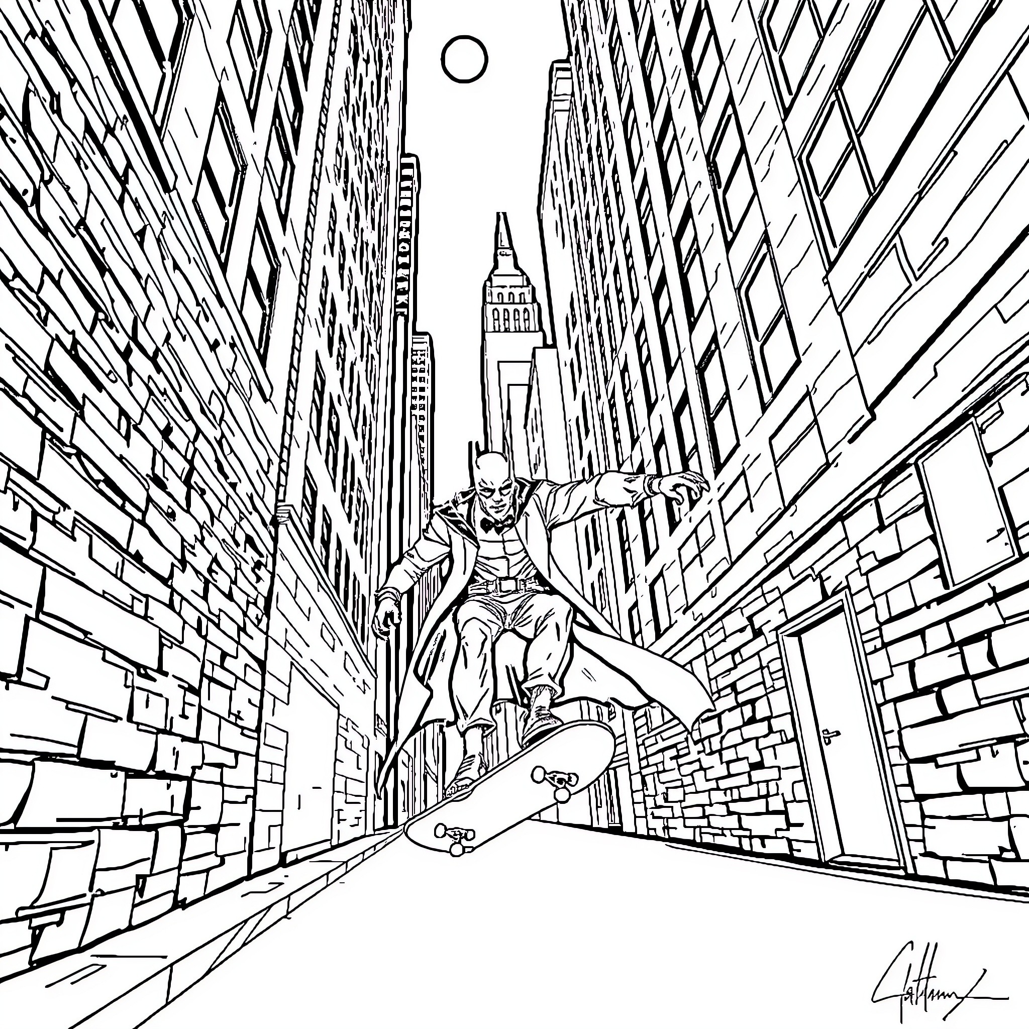 Skateboard hero rides through city skyscrapers Coloring Page (free black-and-white line drawing printable PDF for all, from beginners to advanced learners, including children, teens, adults, and seniors)