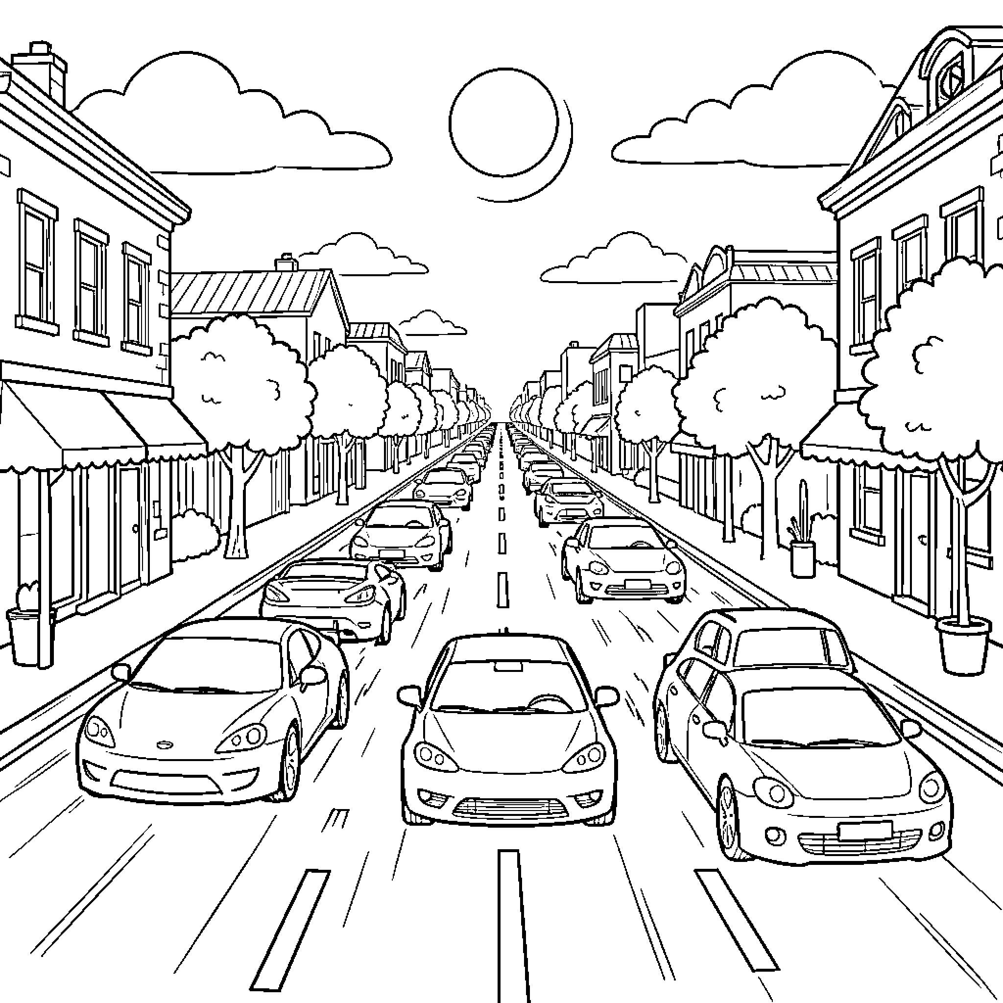 Cars traveling down a busy street in a city Coloring Page (free black-and-white line drawing printable PDF for all, from beginners to advanced learners, including children, teens, adults, and seniors)