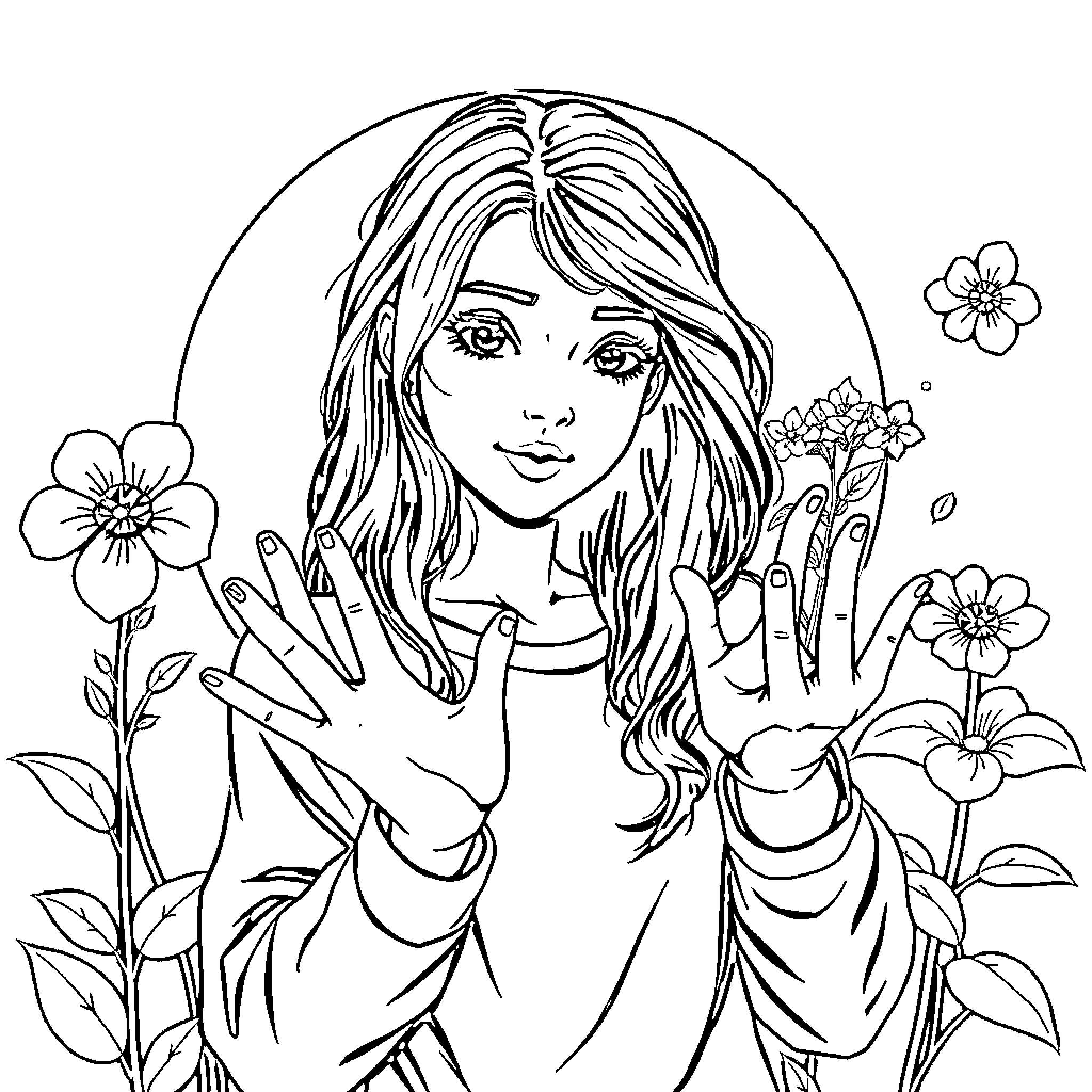 Girl amongst blooming flowers Coloring Page (free black-and-white line drawing printable PDF for all, from beginners to advanced learners, including children, teens, adults, and seniors)
