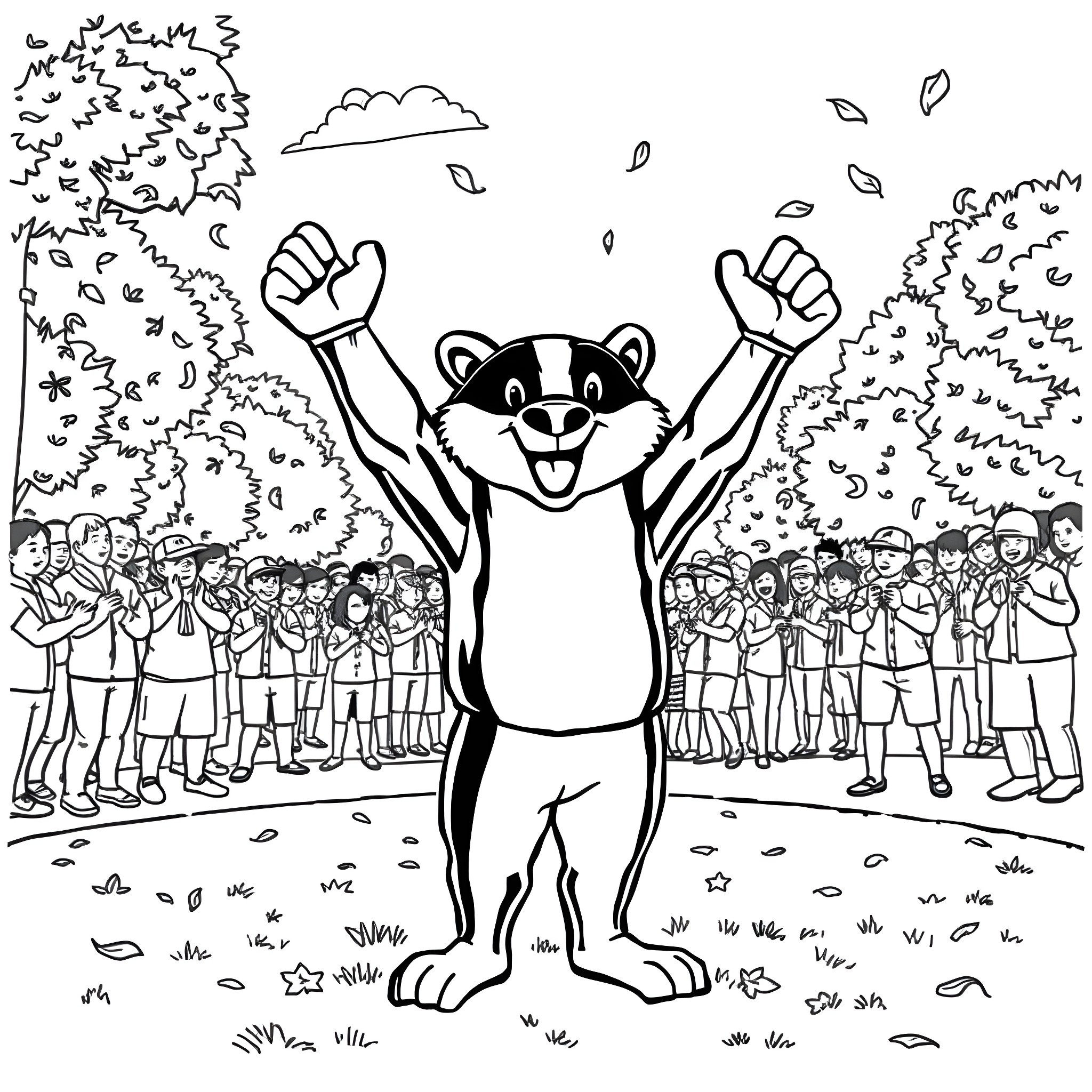 Bucky the happy raccoon celebrates with a crowd Coloring Page (free black-and-white line drawing printable PDF for all, from beginners to advanced learners, including children, teens, adults, and seniors)