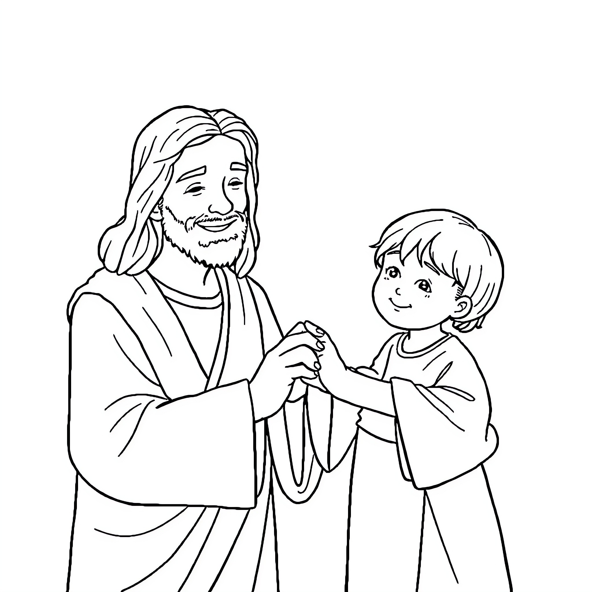 Jesus sharing compassion with a child Coloring Page (free black-and-white line drawing printable PDF for all, from beginners to advanced learners, including children, teens, adults, and seniors)