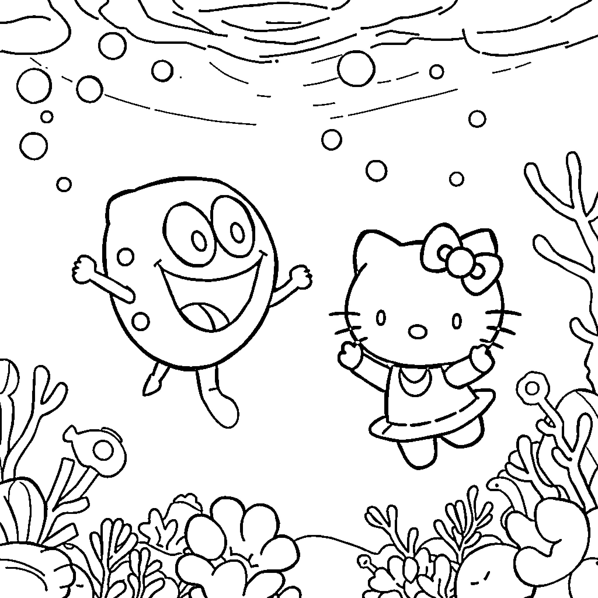 Bob l'éponge and Hello Kitty explore the underwater world Coloring Page (free black-and-white line drawing printable PDF for all, from beginners to advanced learners, including children, teens, adults, and seniors)