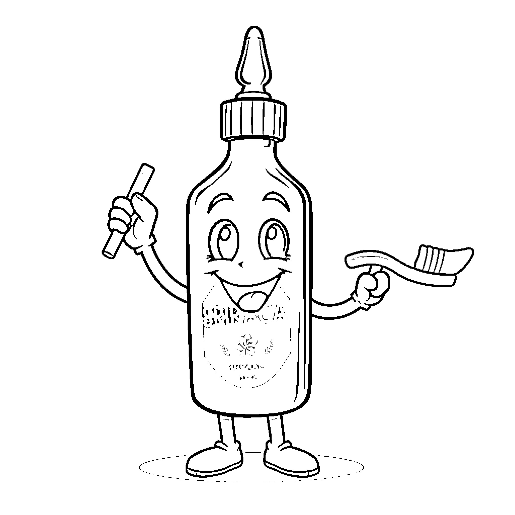 Sriracha bottle character with toothbrush and smiling expression Coloring Page (free black-and-white line drawing printable PDF for all, from beginners to advanced learners, including children, teens, adults, and seniors)