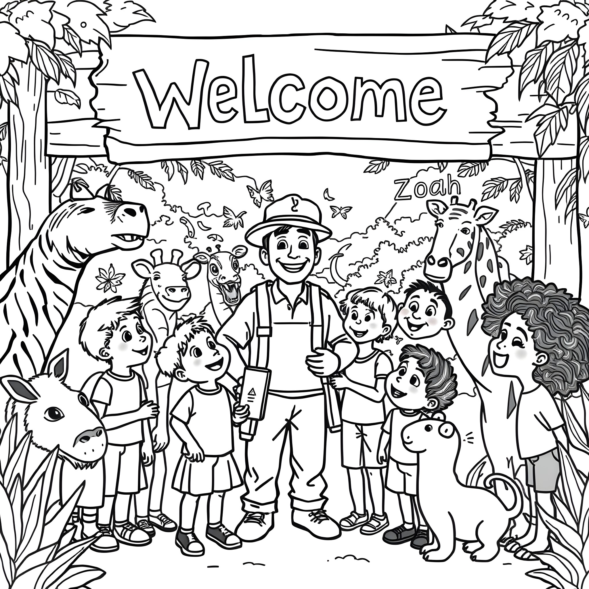 Zoo Keeper Welcoming Visitors to the Zoo Coloring Page (free black-and-white line drawing printable PDF for all, from beginners to advanced learners, including children, teens, adults, and seniors)