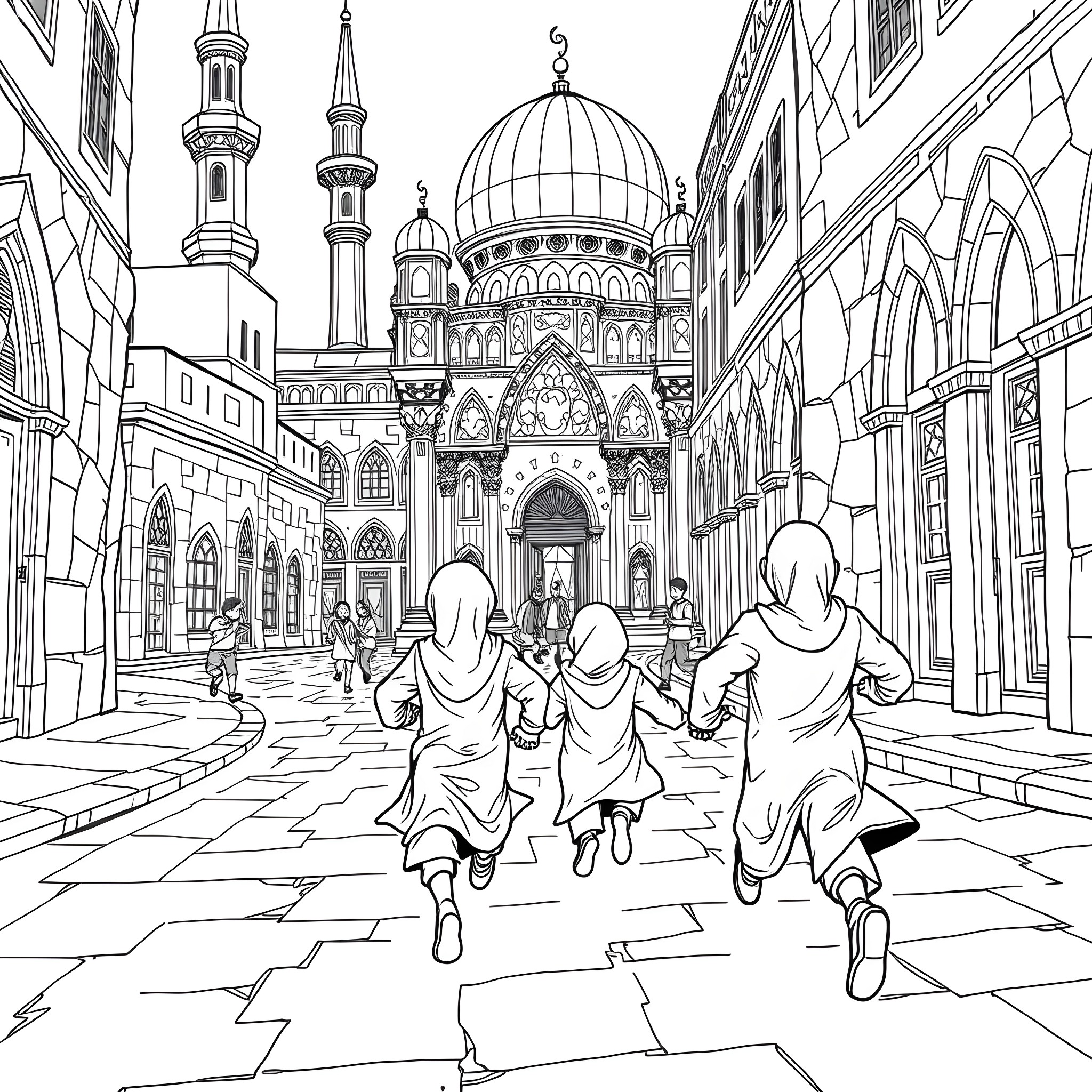 Children playing together in a lively Islamic city Coloring Page (free black-and-white line drawing printable PDF for all, from beginners to advanced learners, including children, teens, adults, and seniors)