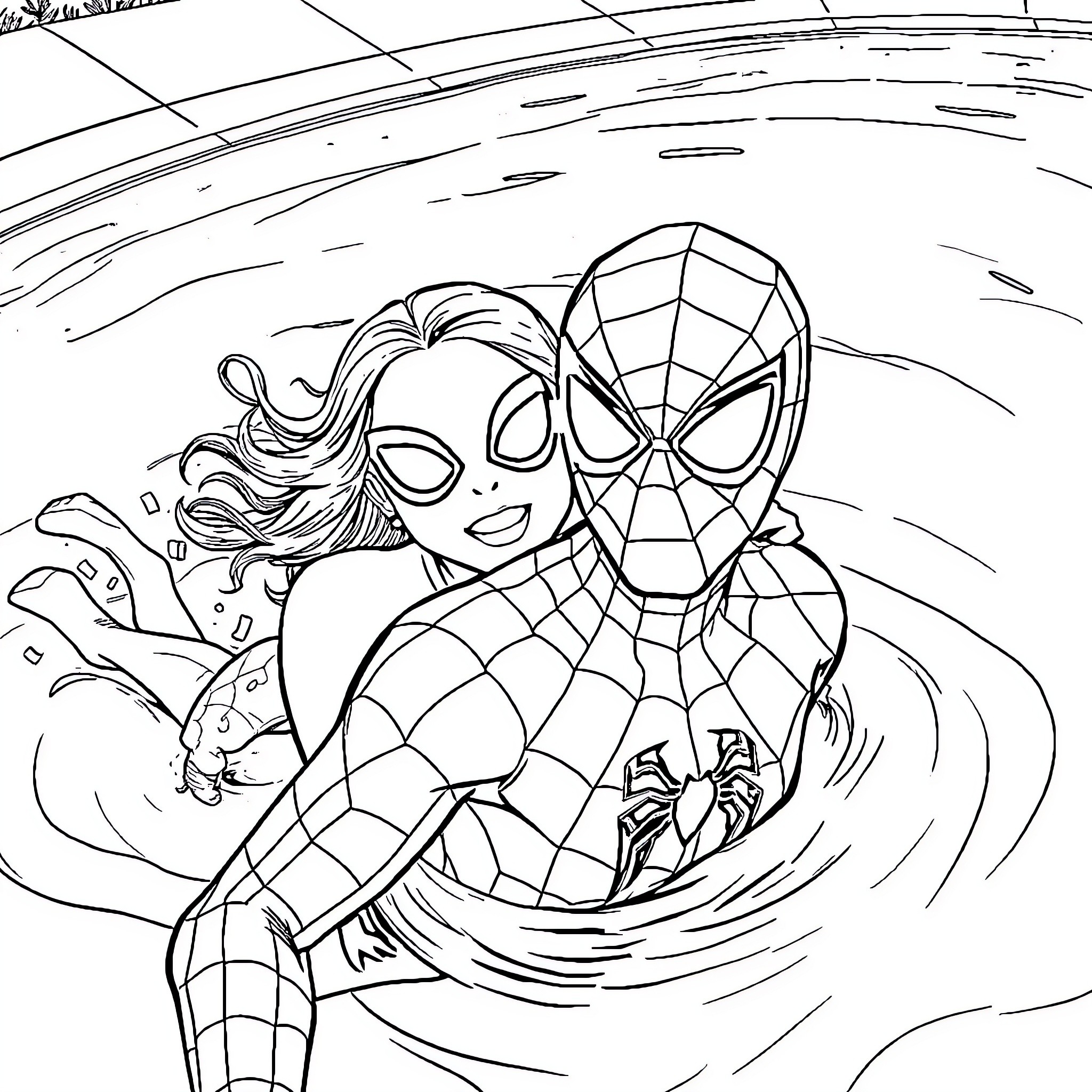Spiderman and Spidergirl in action-packed scene Coloring Page (free black-and-white line drawing printable PDF for all, from beginners to advanced learners, including children, teens, adults, and seniors)