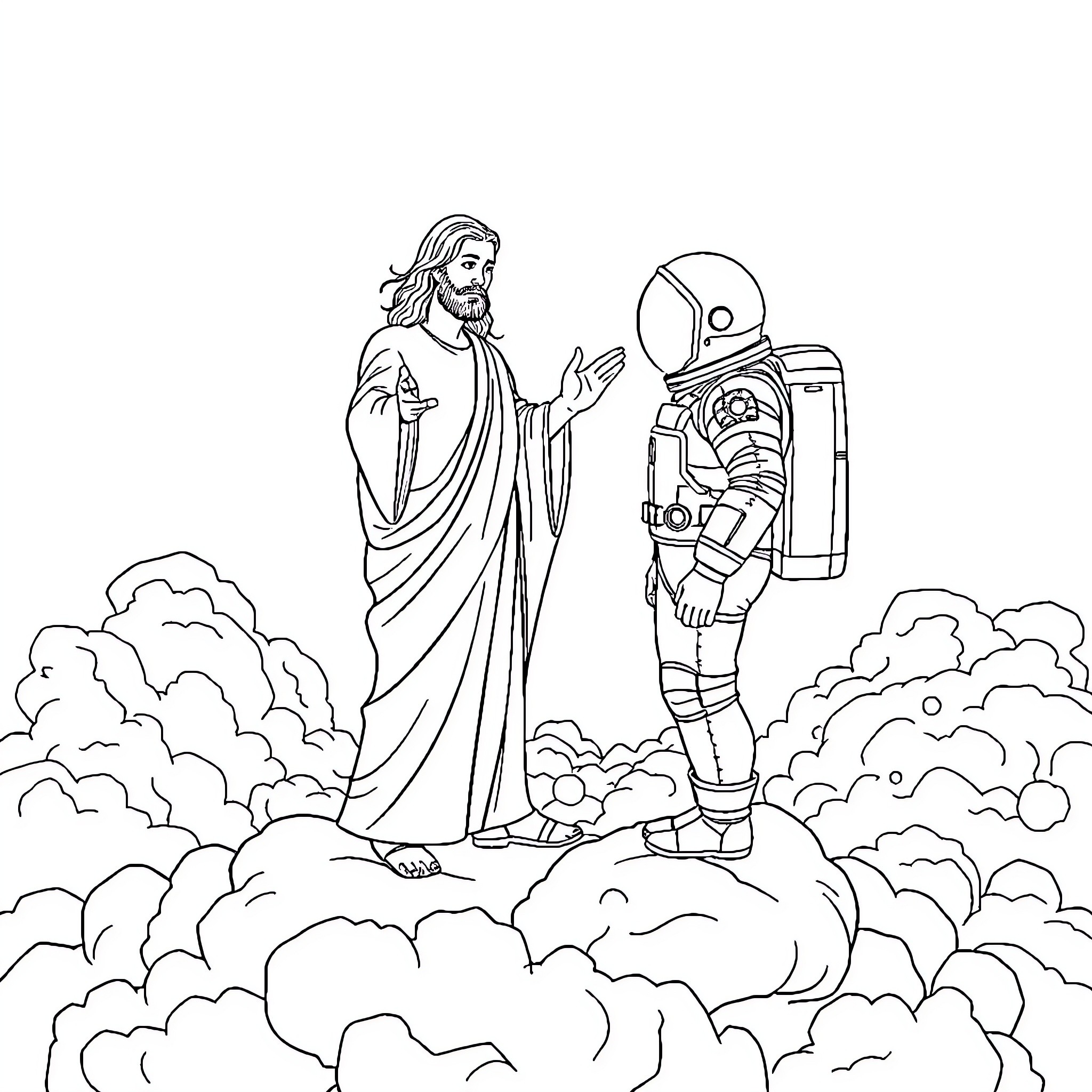 Jesus Appears to Astronaut in Heavenly Clouds Coloring Page (free black-and-white line drawing printable PDF for all, from beginners to advanced learners, including children, teens, adults, and seniors)