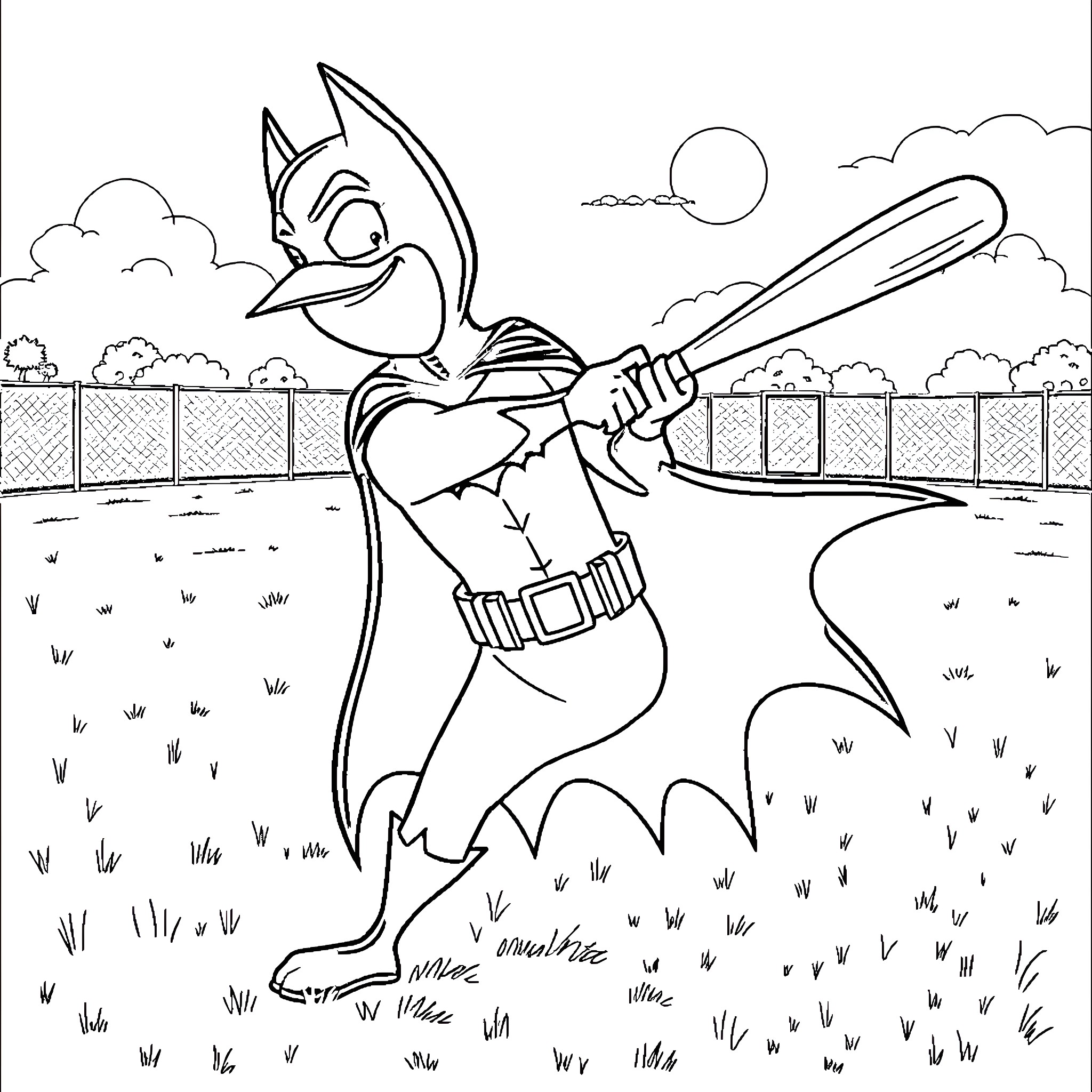 Batman swinging his bat in the park Coloring Page (free black-and-white line drawing printable PDF for all, from beginners to advanced learners, including children, teens, adults, and seniors)