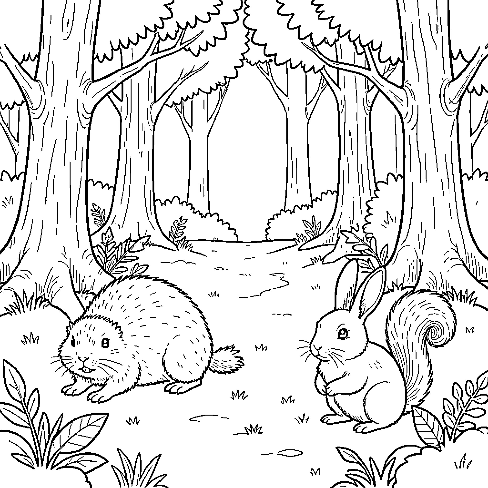 Mole and squirrel interacting in a forest setting Coloring Page (free black-and-white line drawing printable PDF for all, from beginners to advanced learners, including children, teens, adults, and seniors)