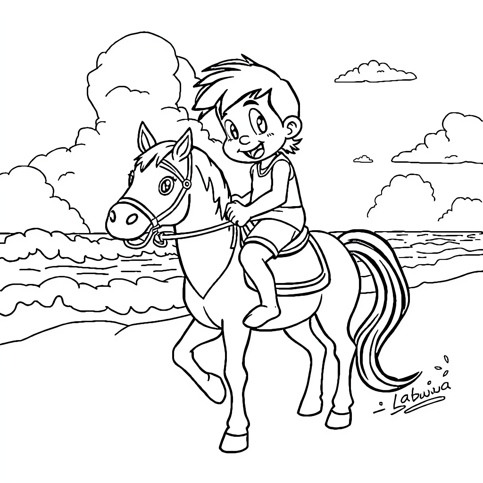 Labubu riding a horse by the seaside Coloring Page (free black-and-white line drawing printable PDF for all, from beginners to advanced learners, including children, teens, adults, and seniors)