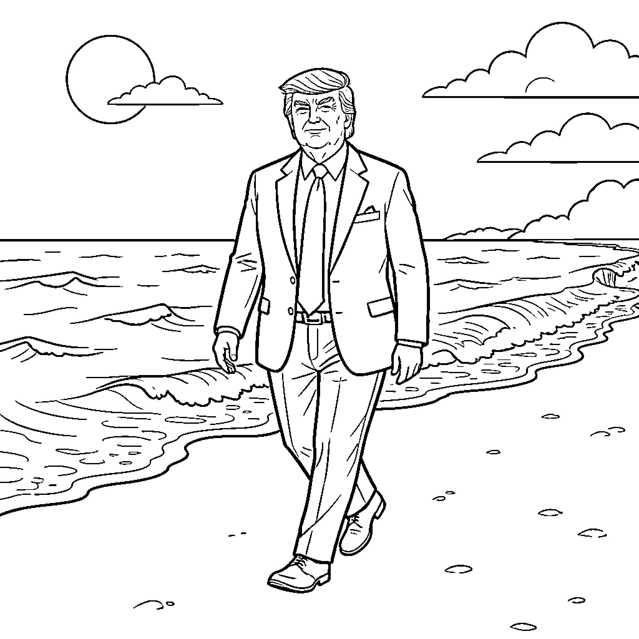 Trump walking along a beach shoreline Coloring Page (free black-and-white line drawing printable PDF for all, from beginners to advanced learners, including children, teens, adults, and seniors)