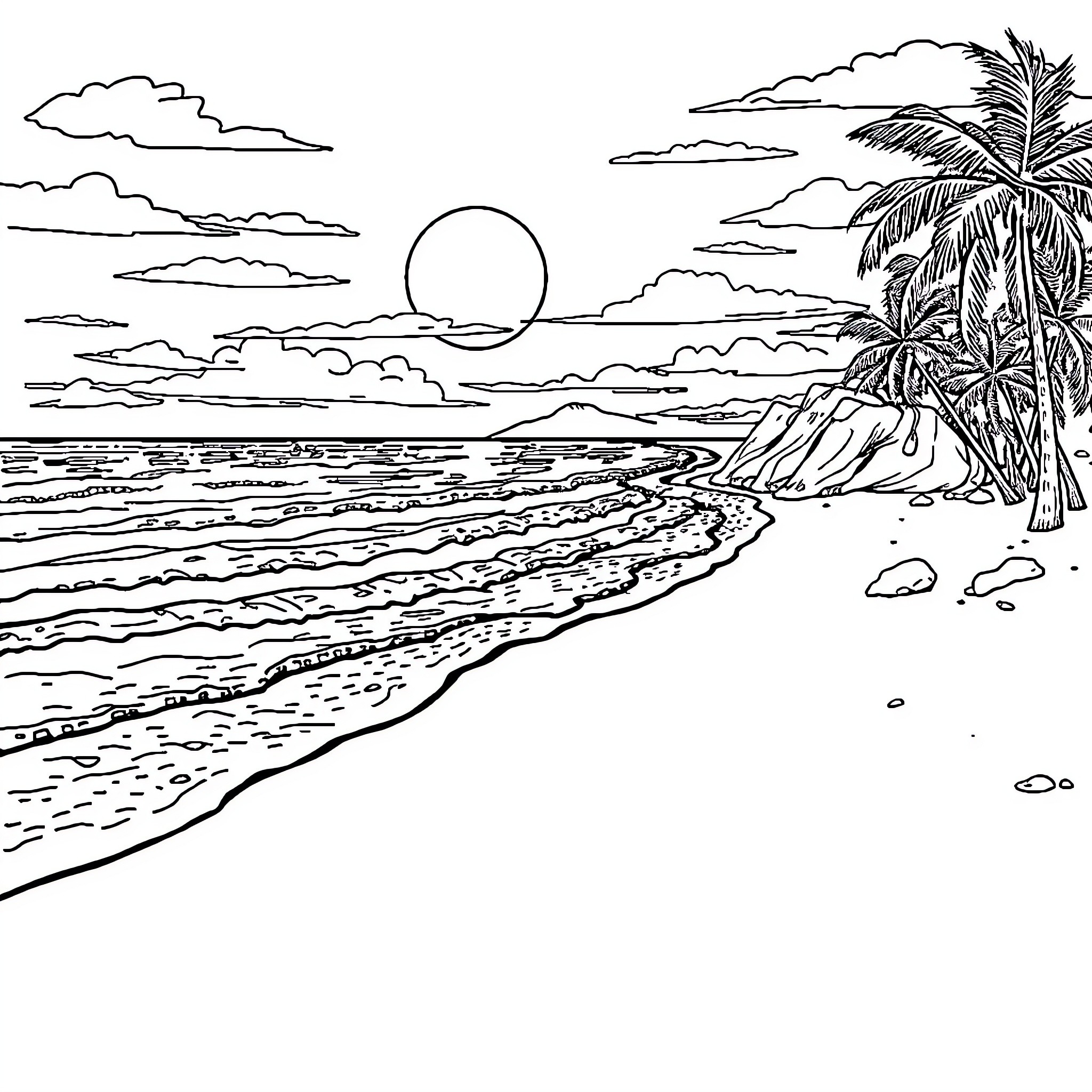 Beach scene with palm trees and sunset Coloring Page (free black-and-white line drawing printable PDF for all, from beginners to advanced learners, including children, teens, adults, and seniors)