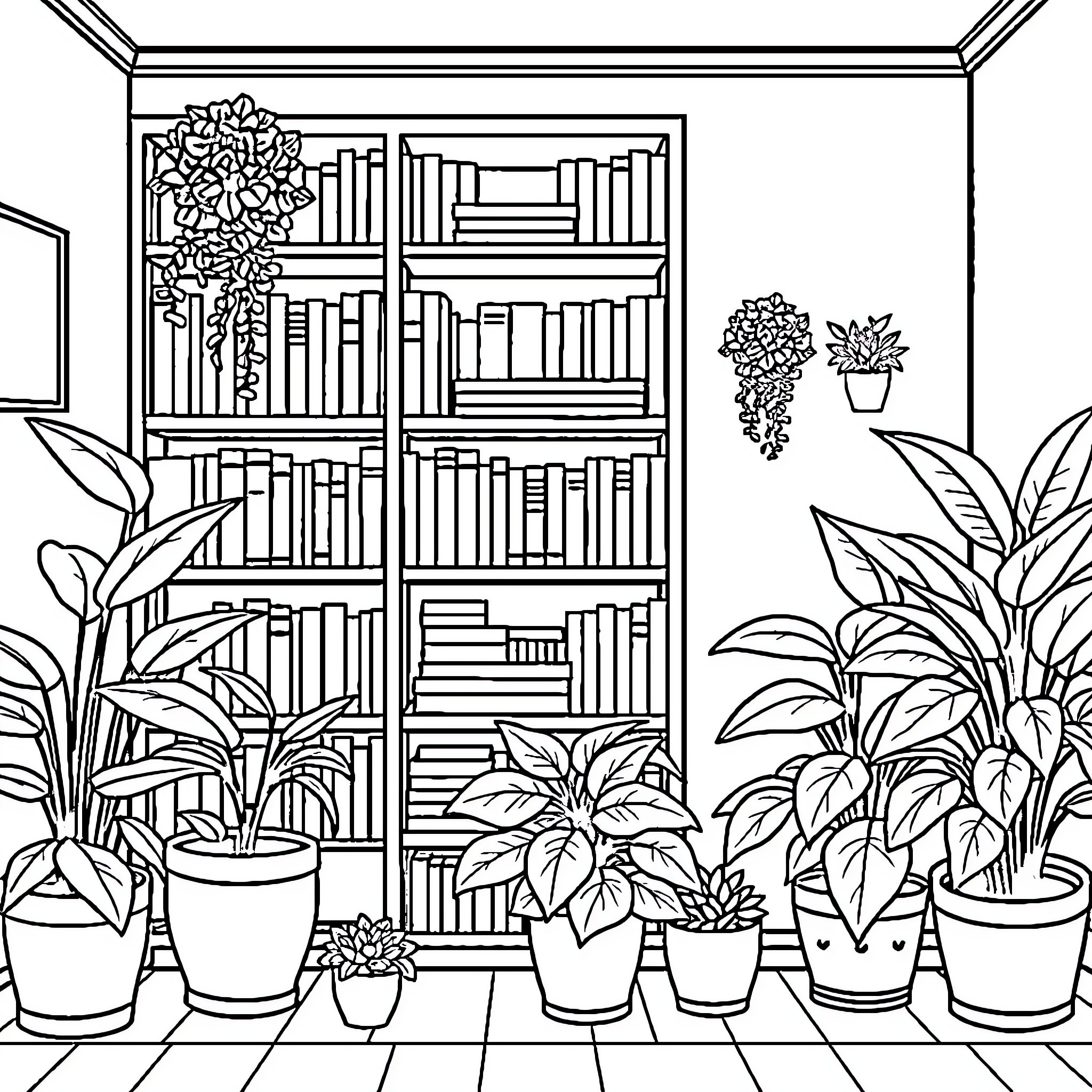 Apartment Bookshelf with Potted Plants Coloring Page (free black-and-white line drawing printable PDF for all, from beginners to advanced learners, including children, teens, adults, and seniors)