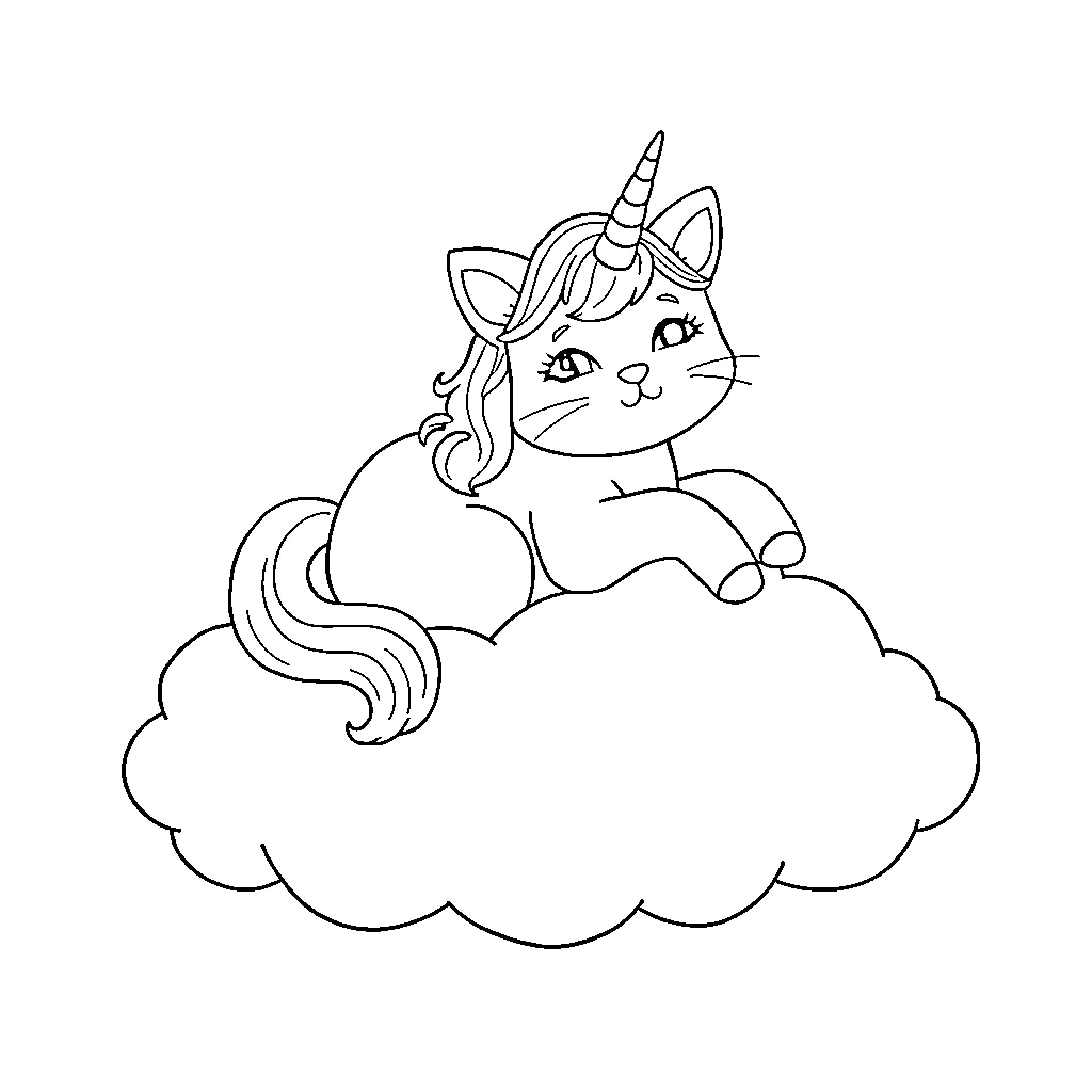 Cat Unicorn Resting on Cloud Coloring Page (free black-and-white line drawing printable PDF for all, from beginners to advanced learners, including children, teens, adults, and seniors)