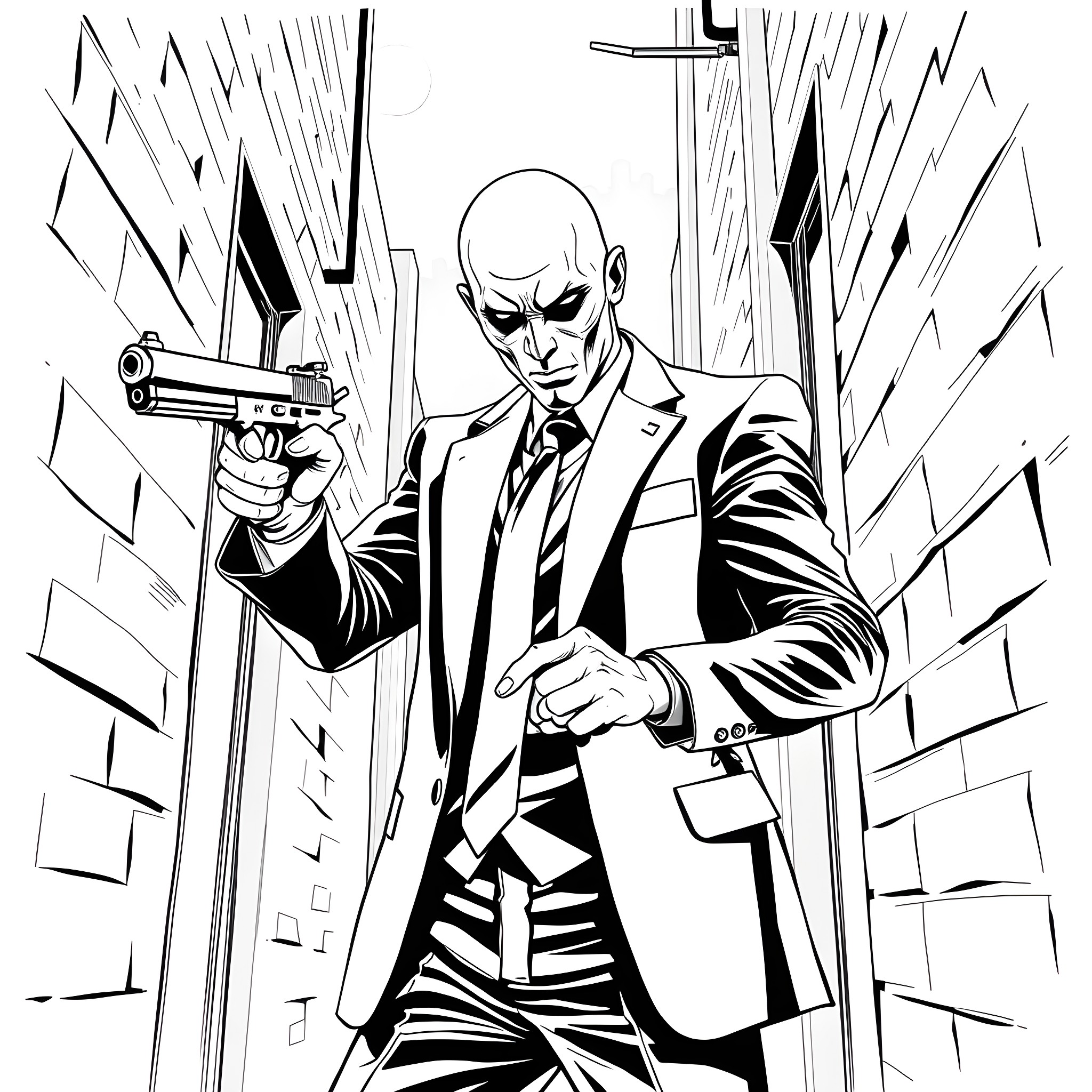 Agent 47 in Intense Confrontation Coloring Page (free black-and-white line drawing printable PDF for all, from beginners to advanced learners, including children, teens, adults, and seniors)