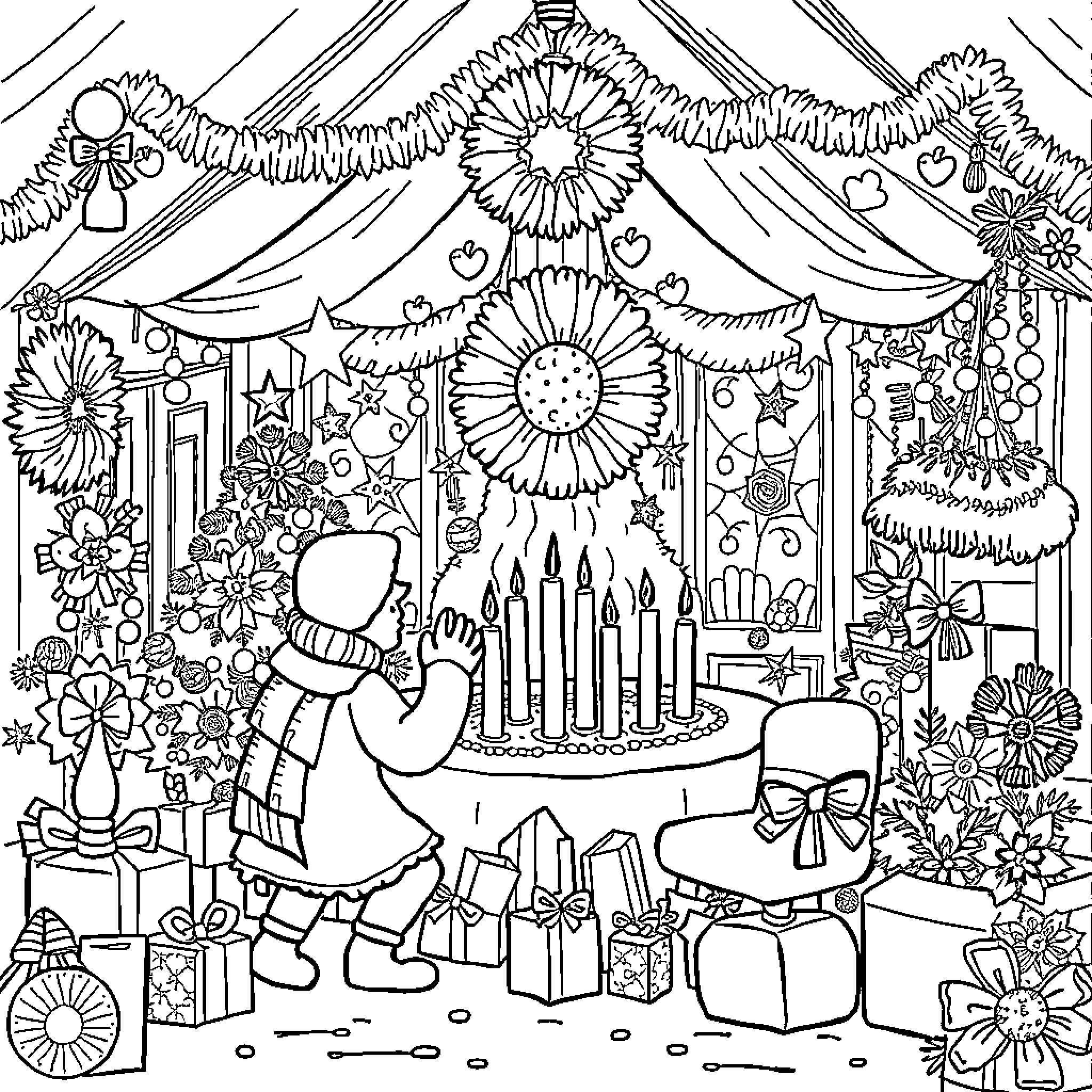 Noel's Festive Celebration with Decorations and Gifts Coloring Page (free black-and-white line drawing printable PDF for all, from beginners to advanced learners, including children, teens, adults, and seniors)