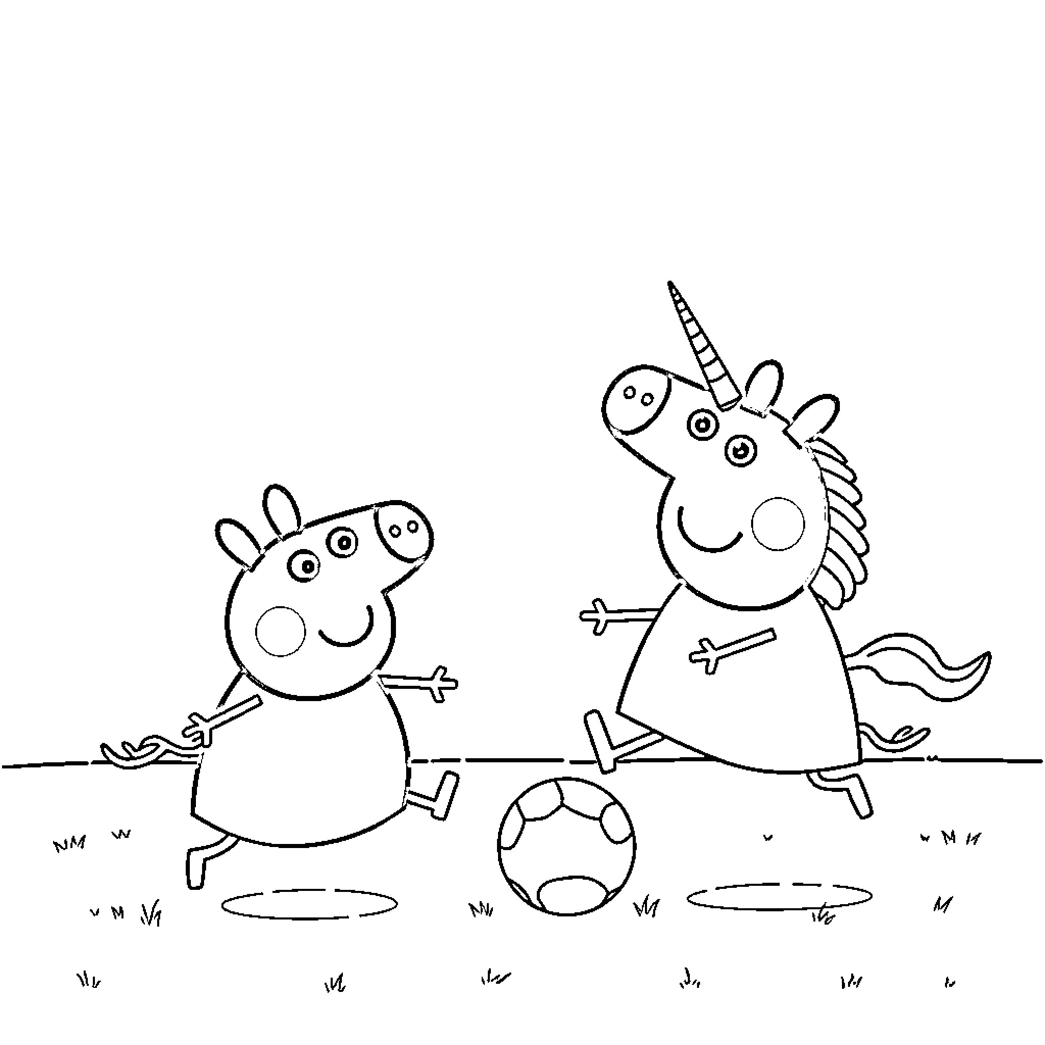Peppa Pig and Unicorn Playing Soccer Together Coloring Page (free black-and-white line drawing printable PDF for all, from beginners to advanced learners, including children, teens, adults, and seniors)