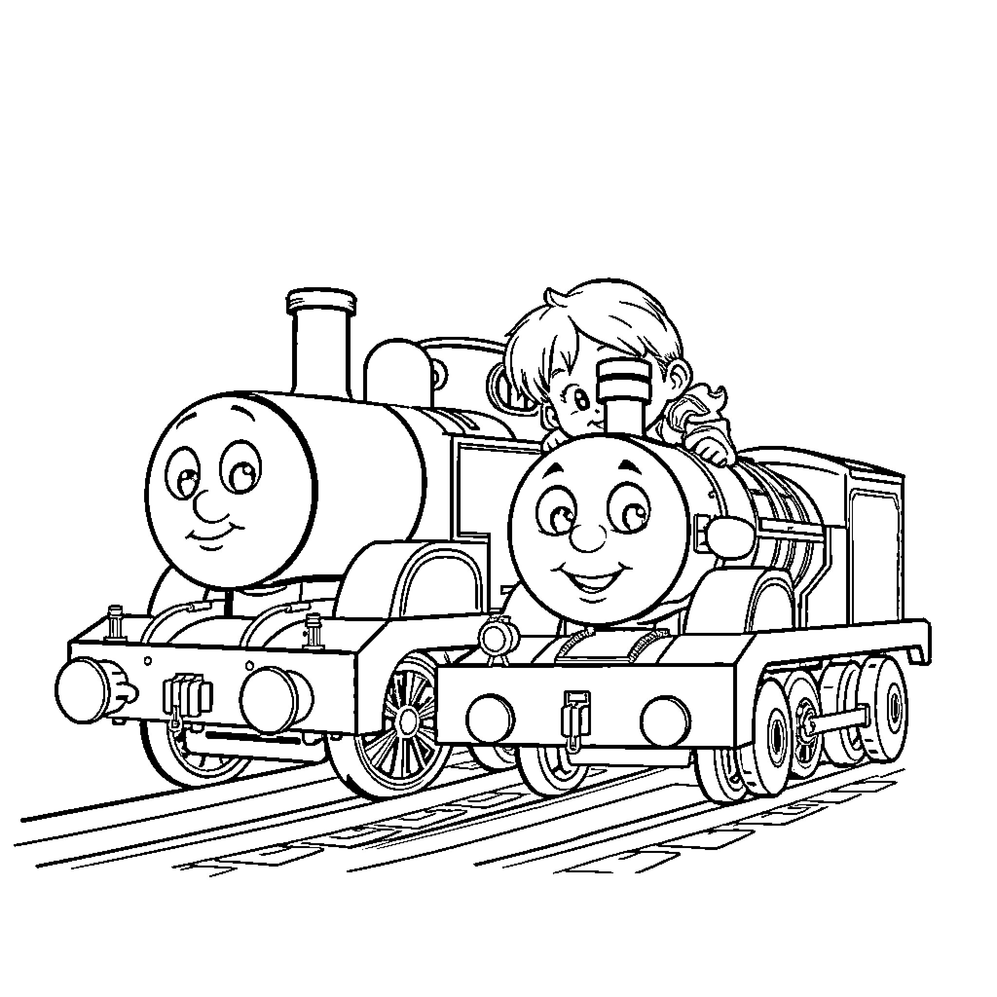 Thomas and His Cheerful Train Companions Coloring Page (free black-and-white line drawing printable PDF for all, from beginners to advanced learners, including children, teens, adults, and seniors)