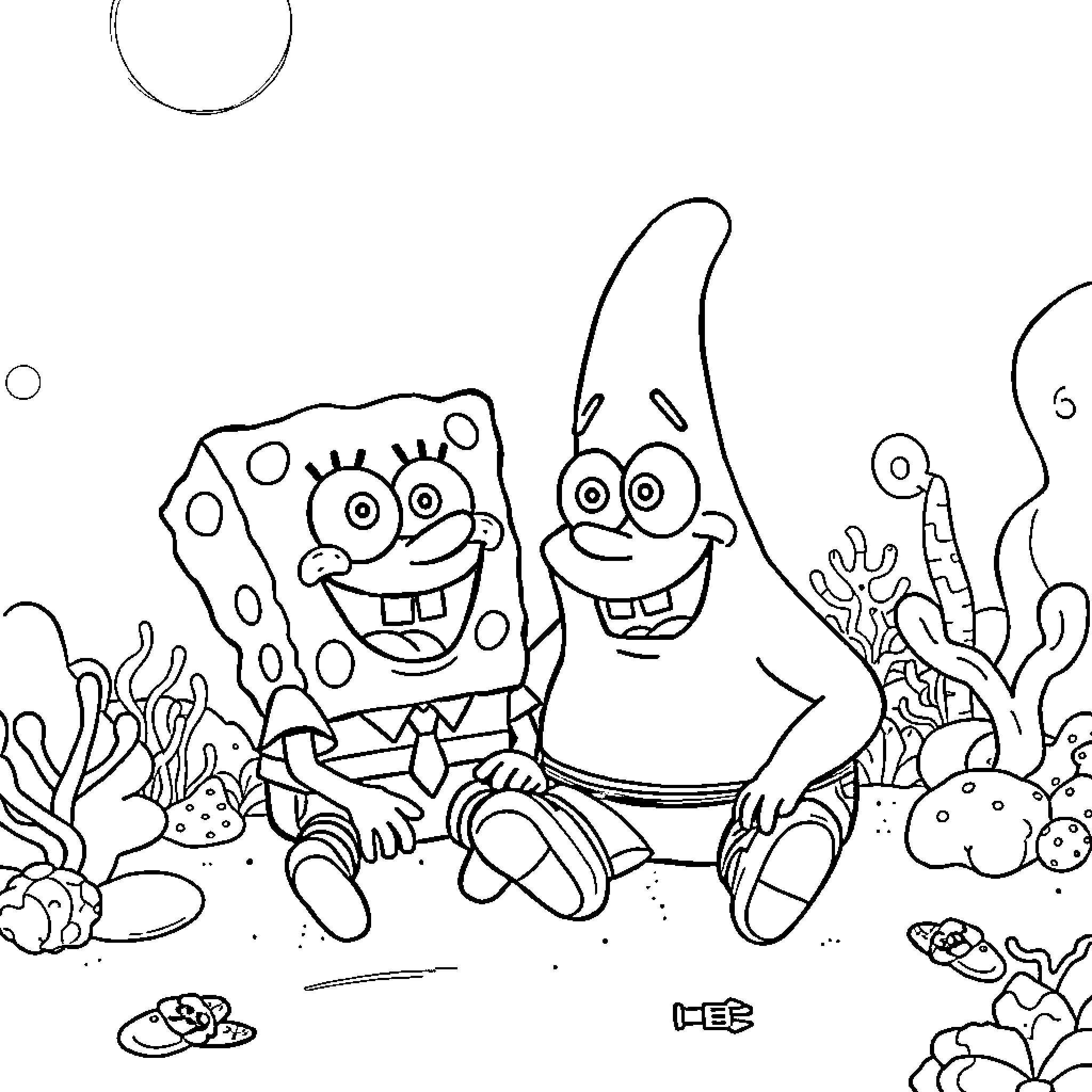 Spongebob and Patrick having fun underwater Coloring Page (free black-and-white line drawing printable PDF for all, from beginners to advanced learners, including children, teens, adults, and seniors)
